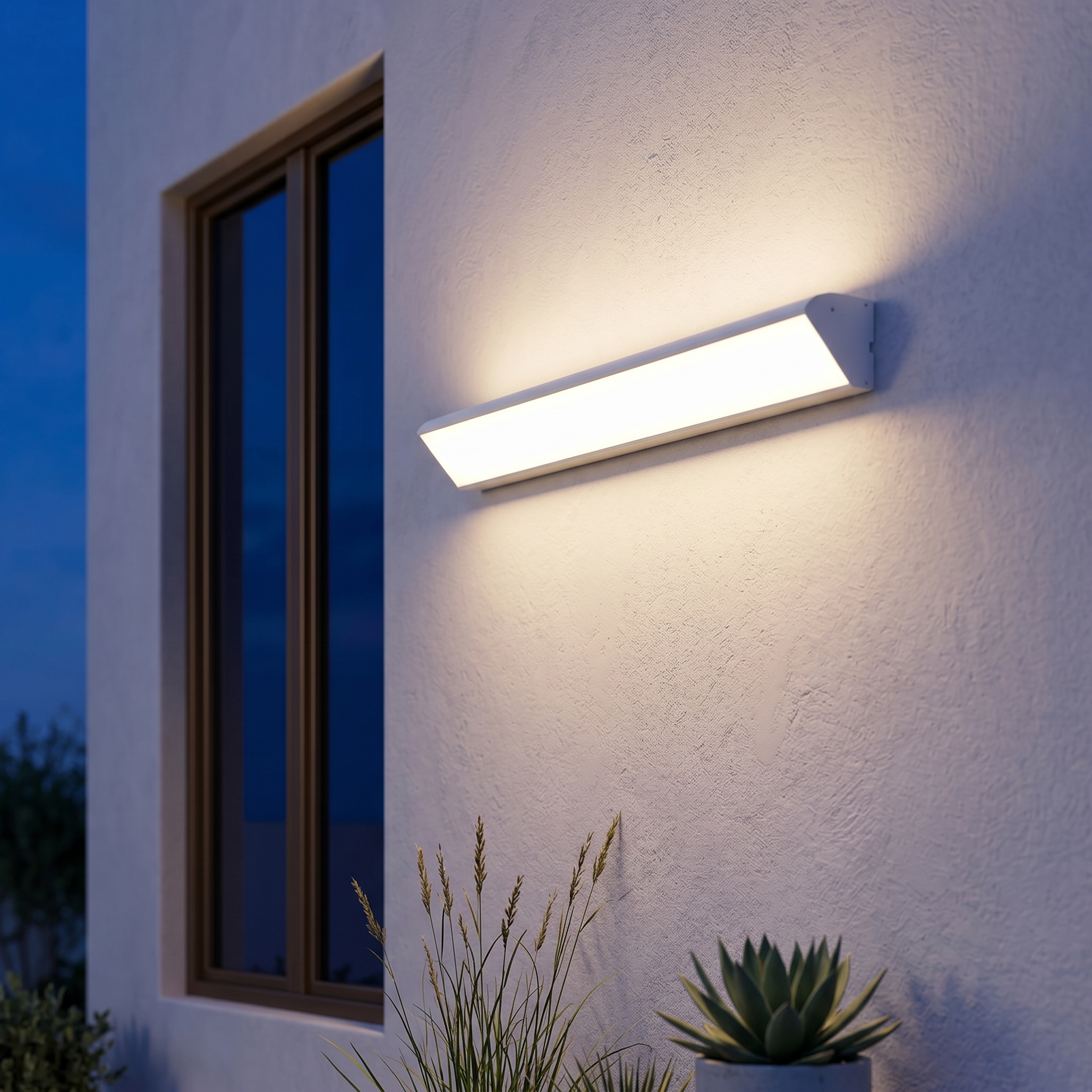 Sentinella white wall light on a pale plaster facade at blue hour