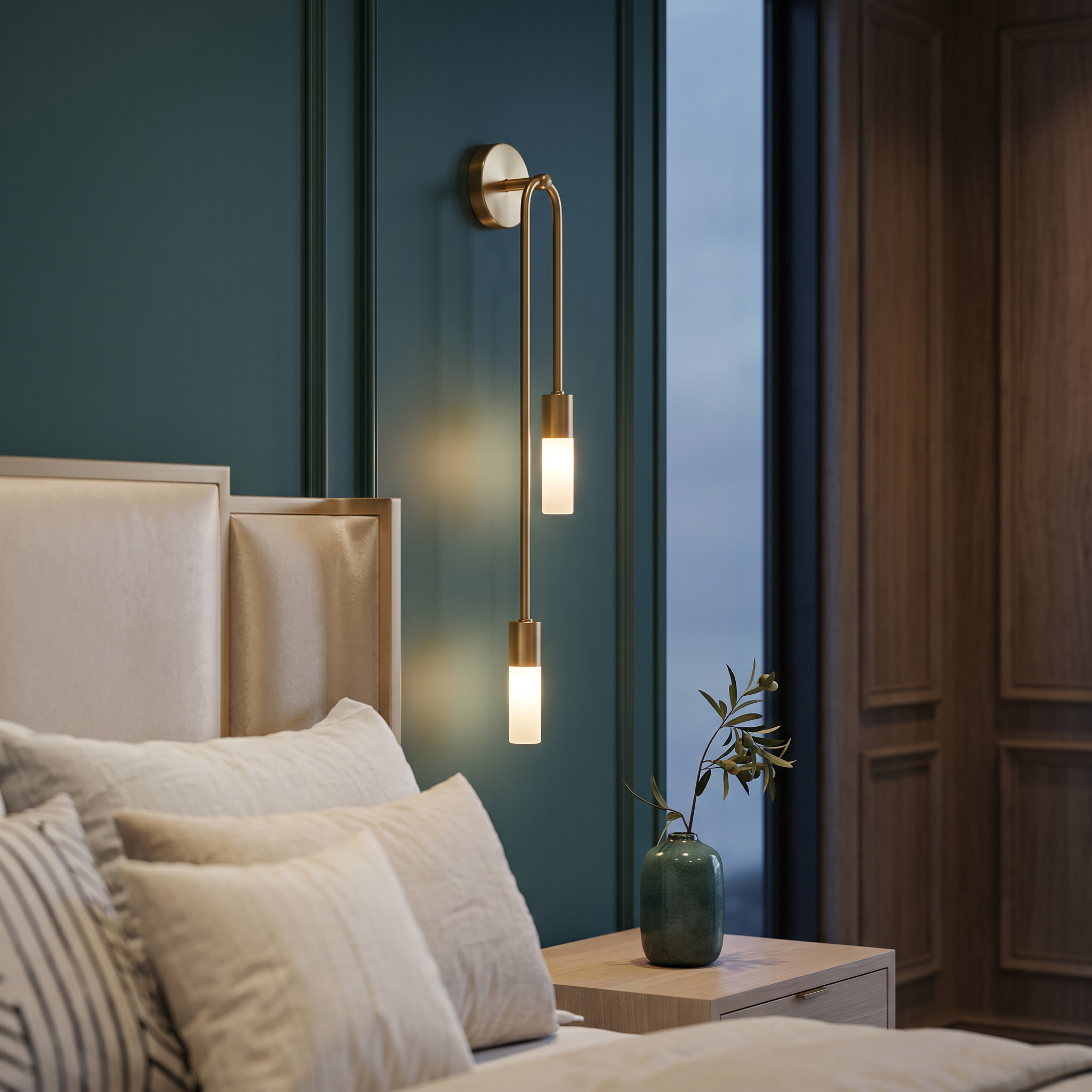 Carezza Luminosa gold wall sconce in a luxe bedroom at dusk