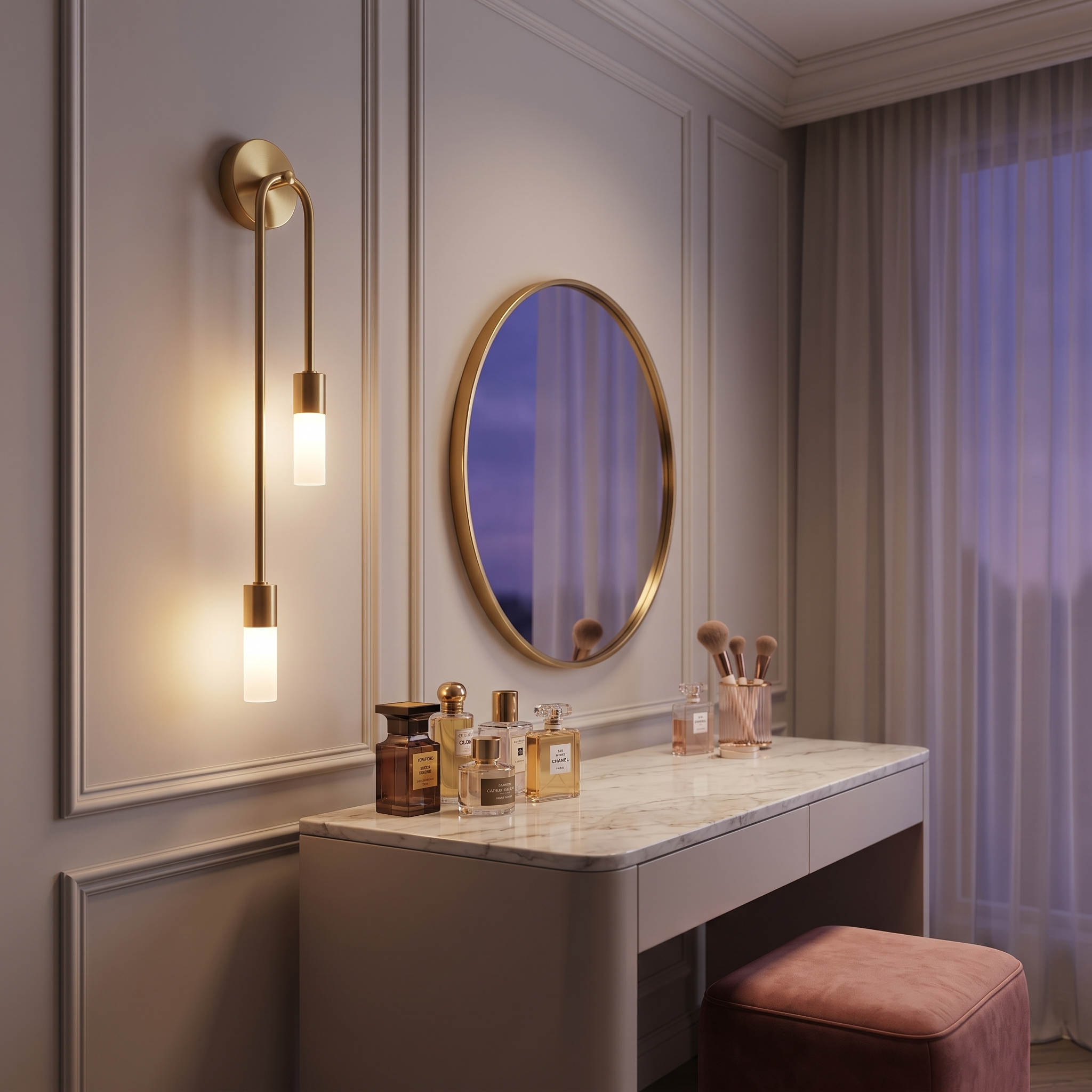 Carezza Luminosa gold wall sconce beside a vanity dressing table
