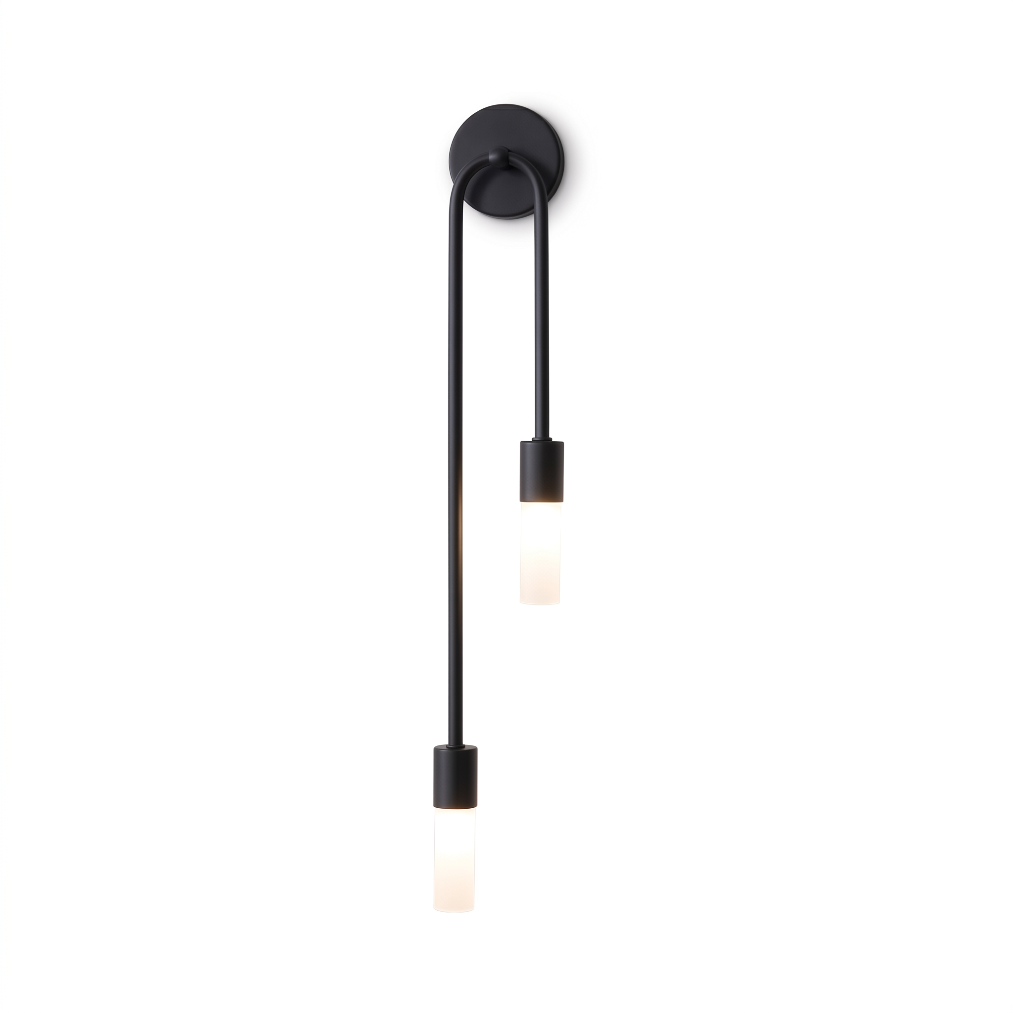 Carezza Luminosa double cylinder wall sconce in matte black, studio hero with warm glow