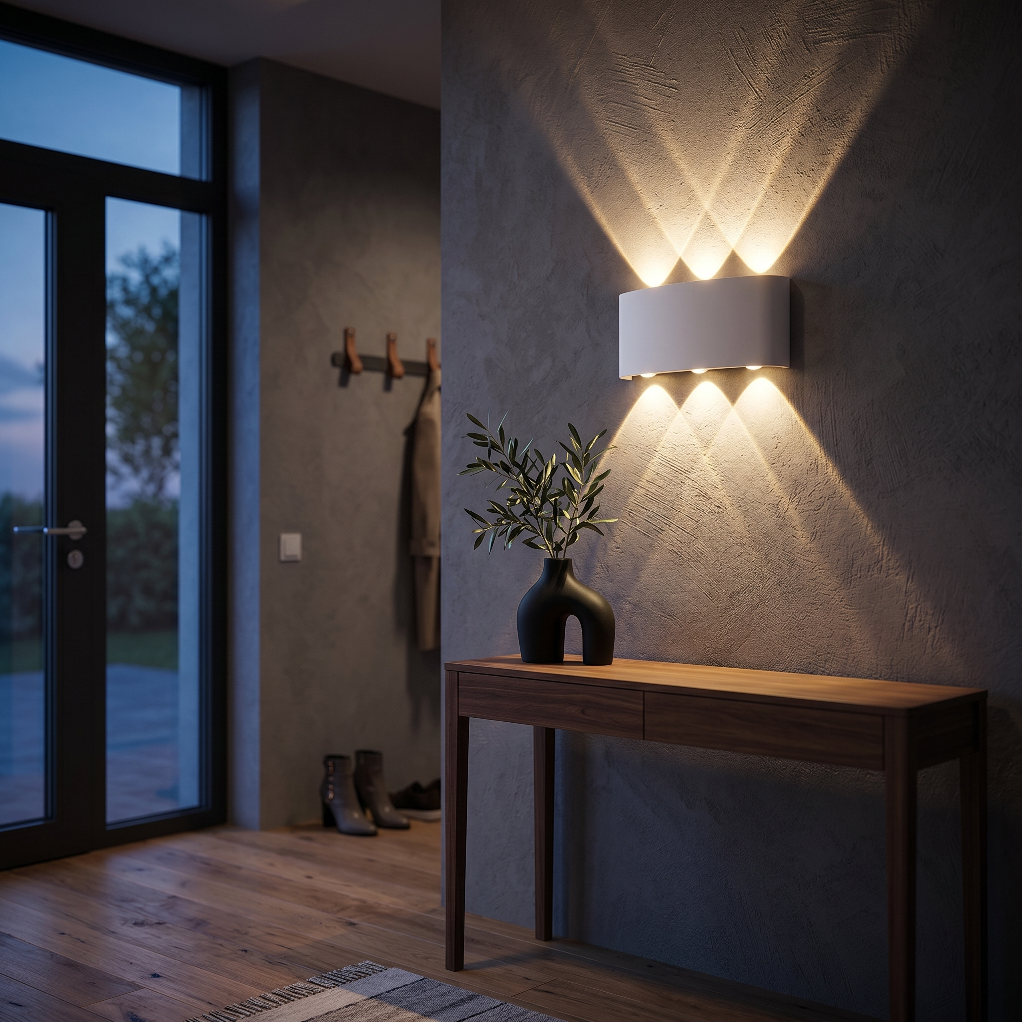 Aura Soffusa white wall light casting warm up-and-down beams in an entryway