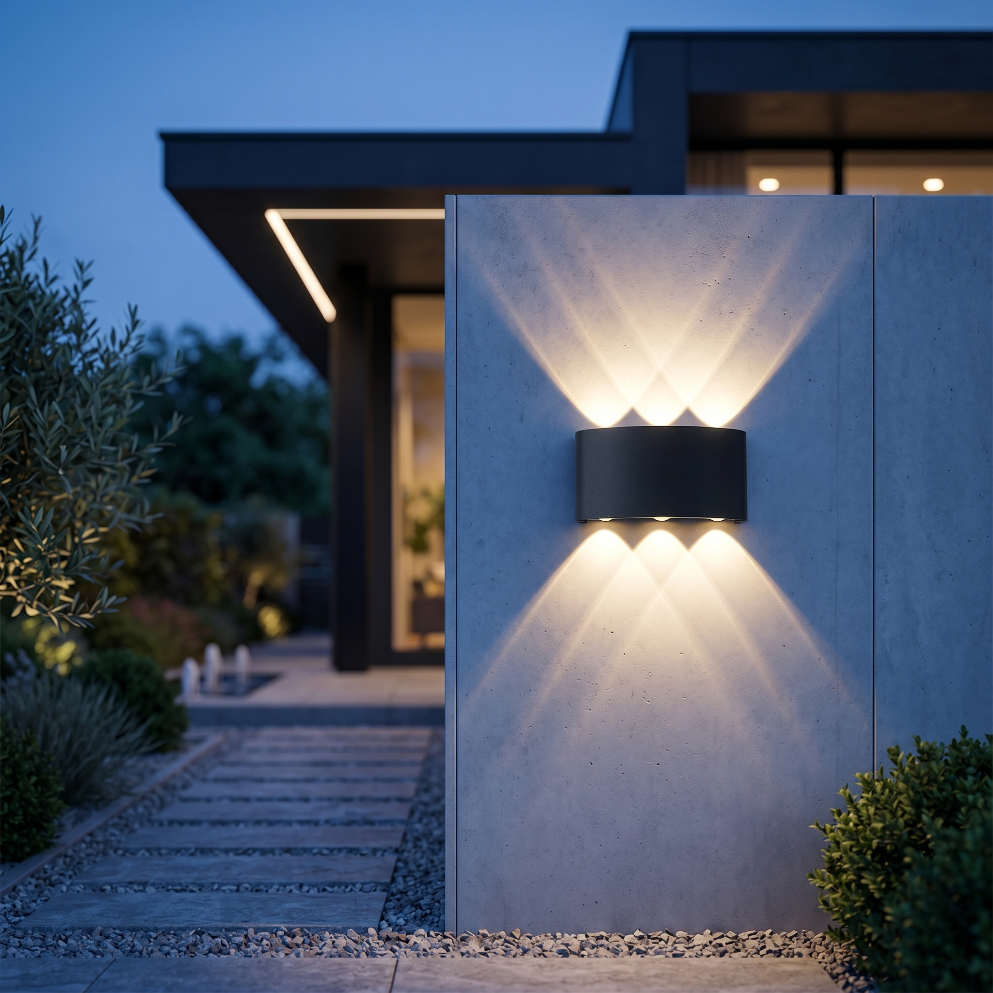 Aura Soffusa black wall light with warm beams on a modern facade at dusk
