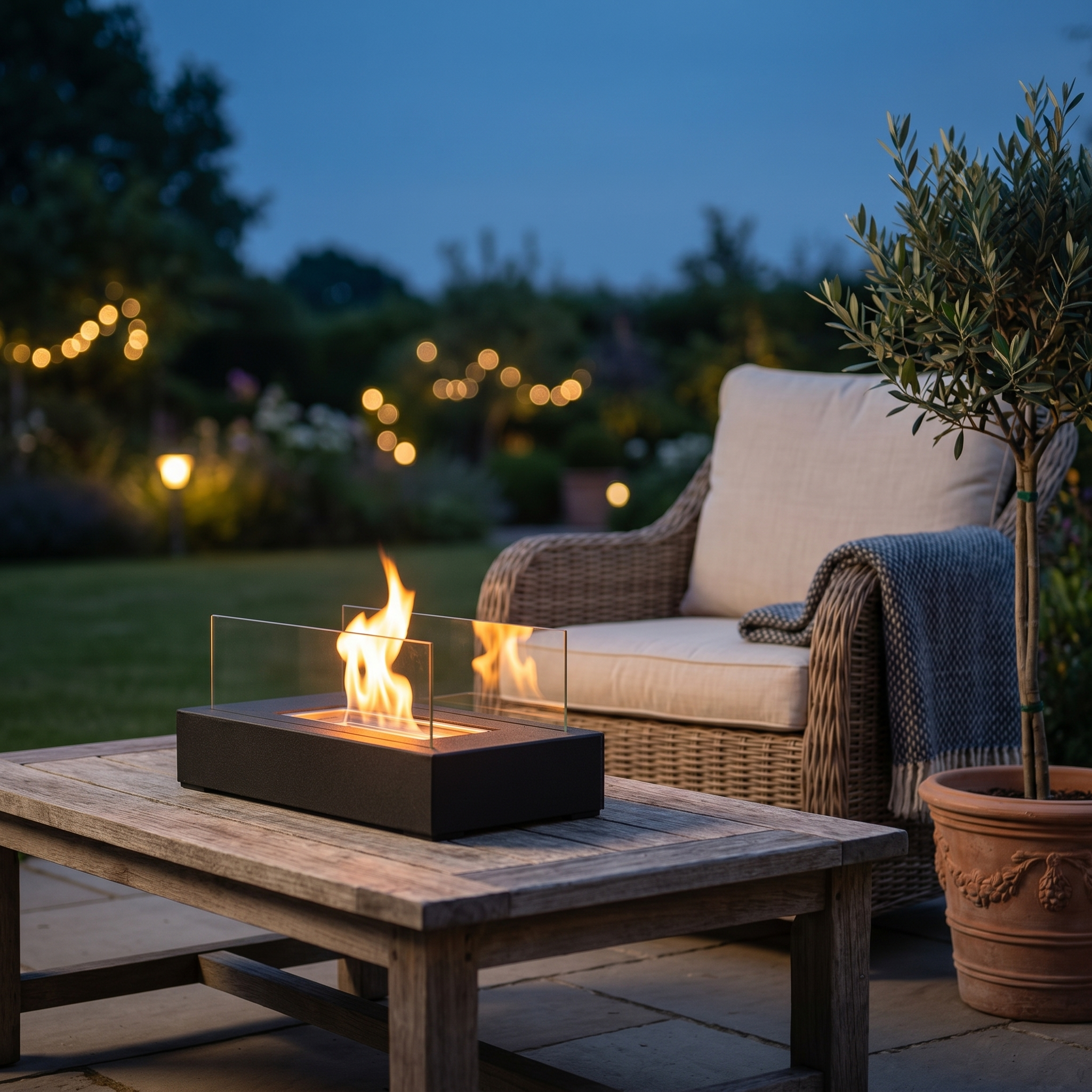 Lume Vivo fire pit on a terrace coffee table at dusk with garden string lights
