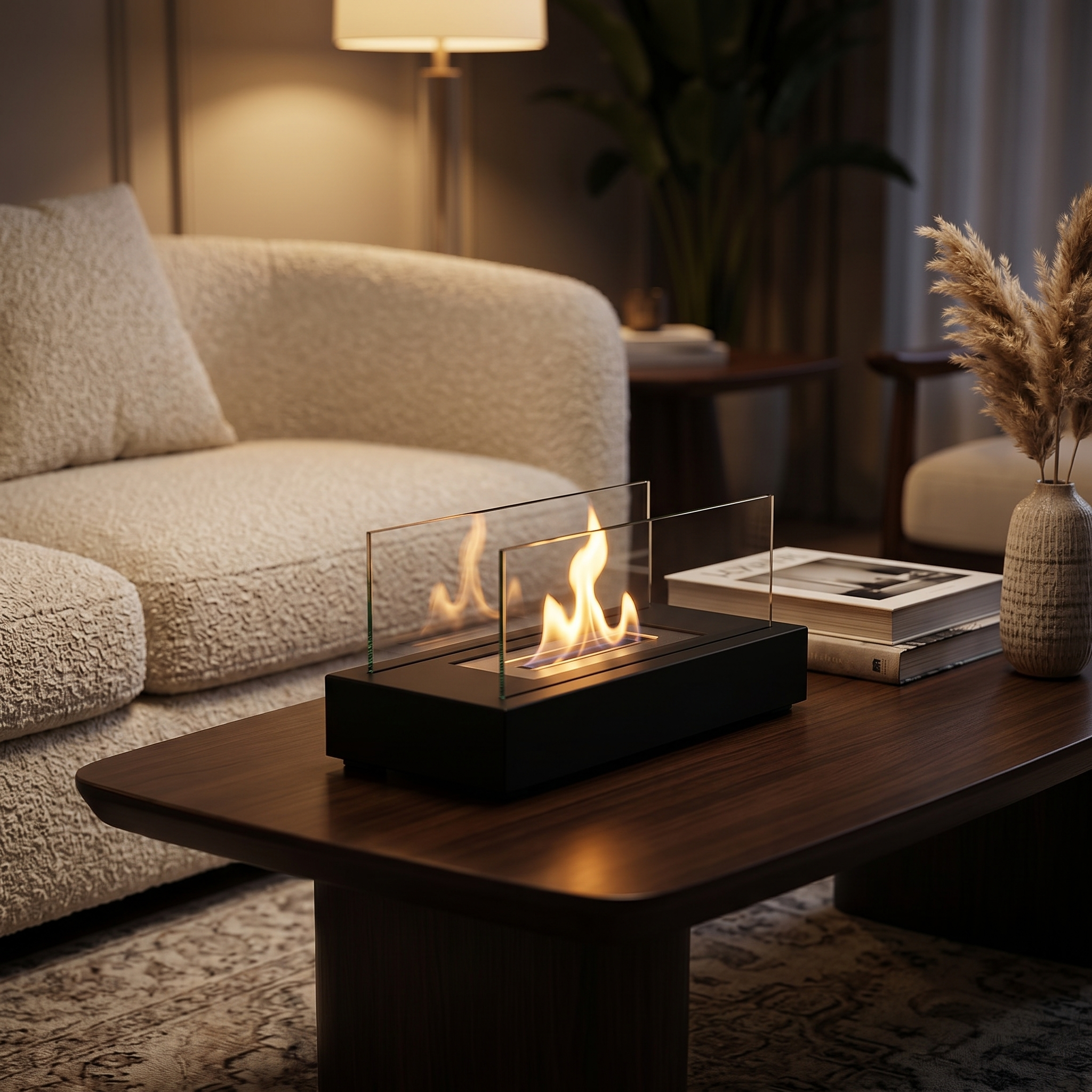 Lume Vivo fire pit on a living room coffee table in the evening