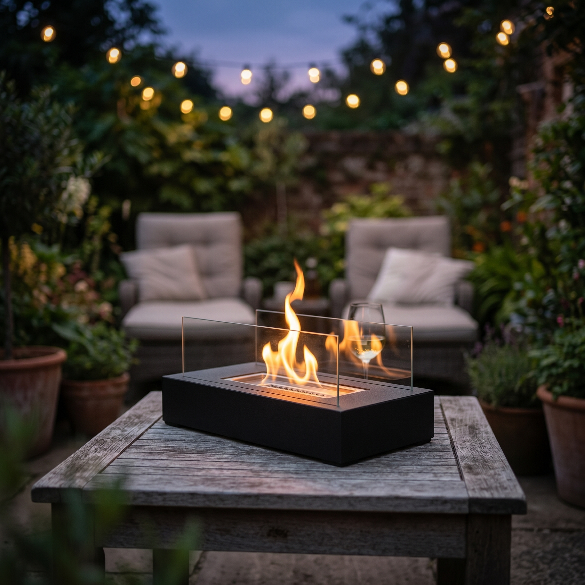 Lume Vivo fire pit on a garden table at twilight with seating