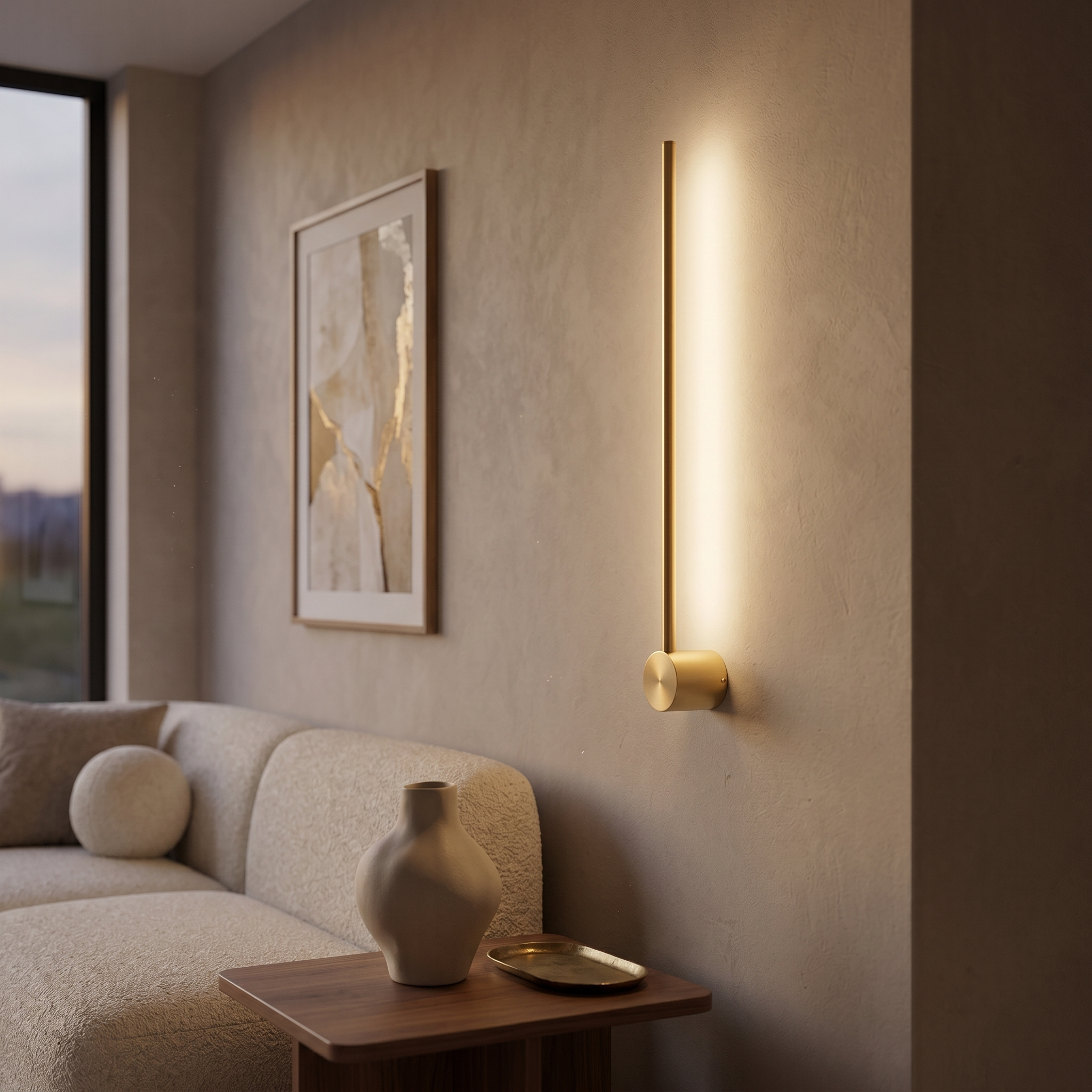 Filo di Luce golden linear sconce on a refined living room wall