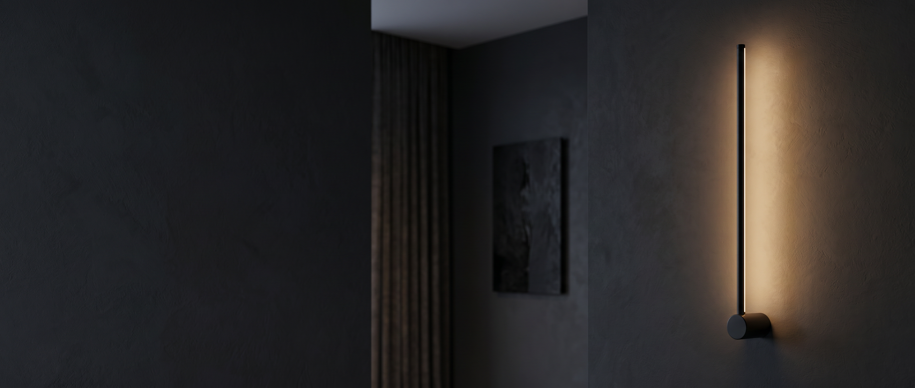Filo di Luce linear LED wall sconce banner — warm glow on a dark wall