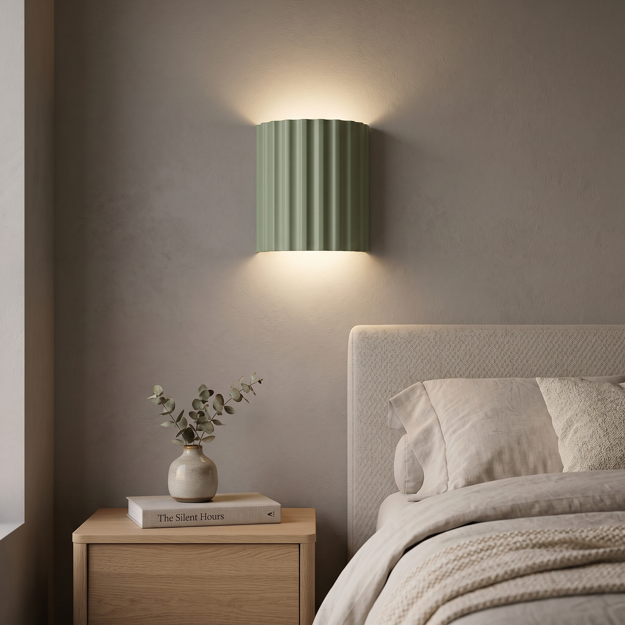 Conchiglia green pleated wall lamp in a cozy bedroom with warm glow