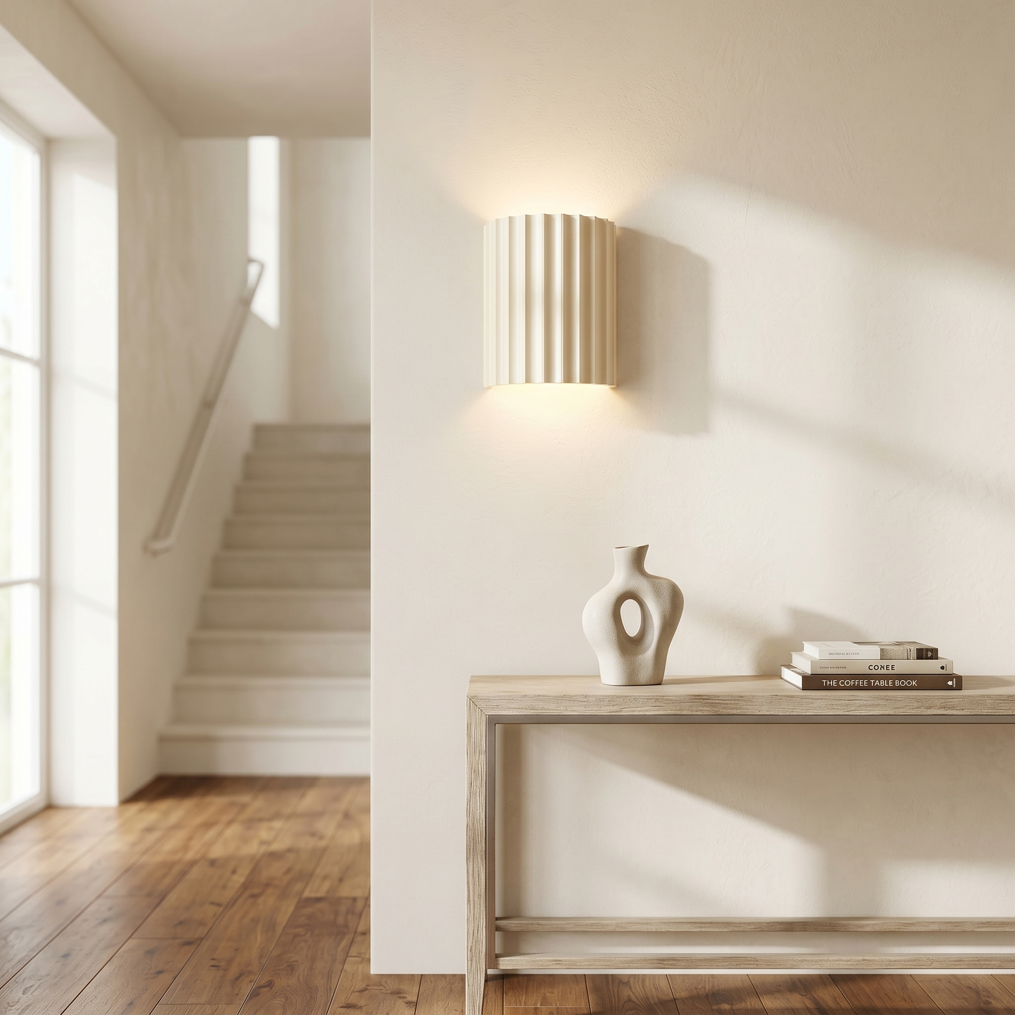 Conchiglia white pleated wall lamp in a bright entryway with staircase