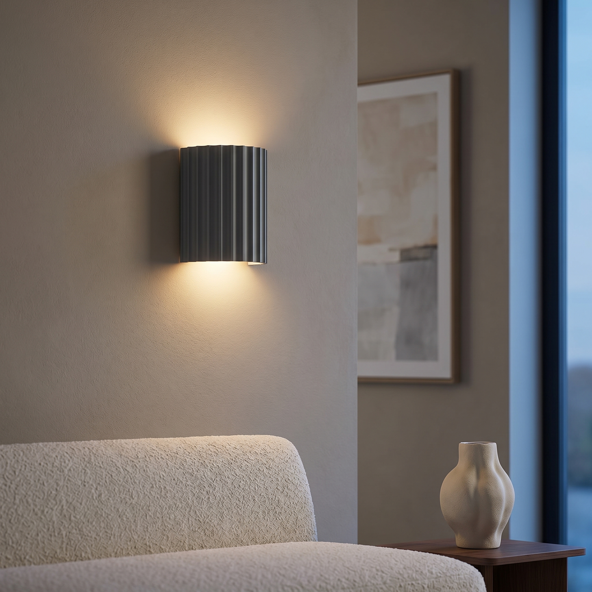Conchiglia grey pleated wall lamp in a refined living room at dusk