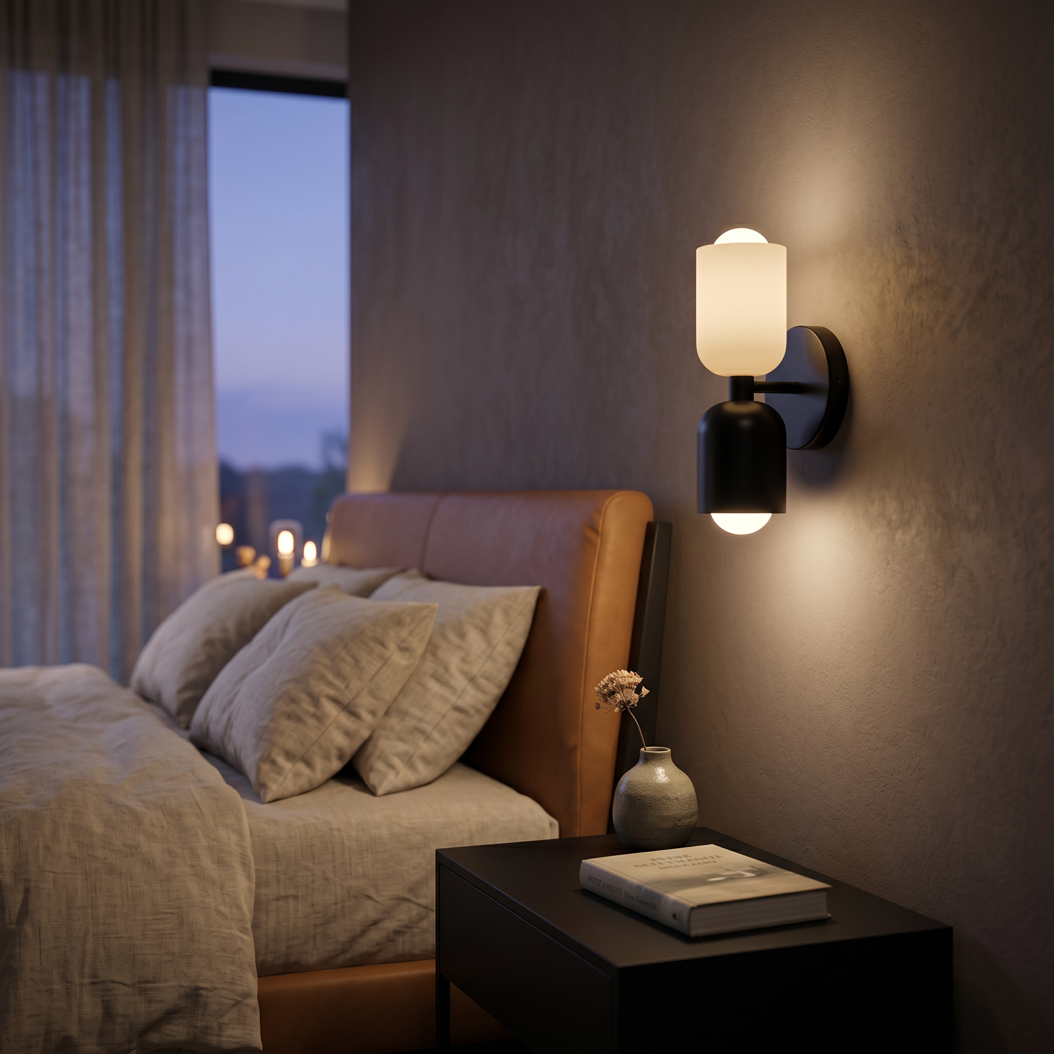 Duetto Beige-Black double-head lamp beside a bed at dusk