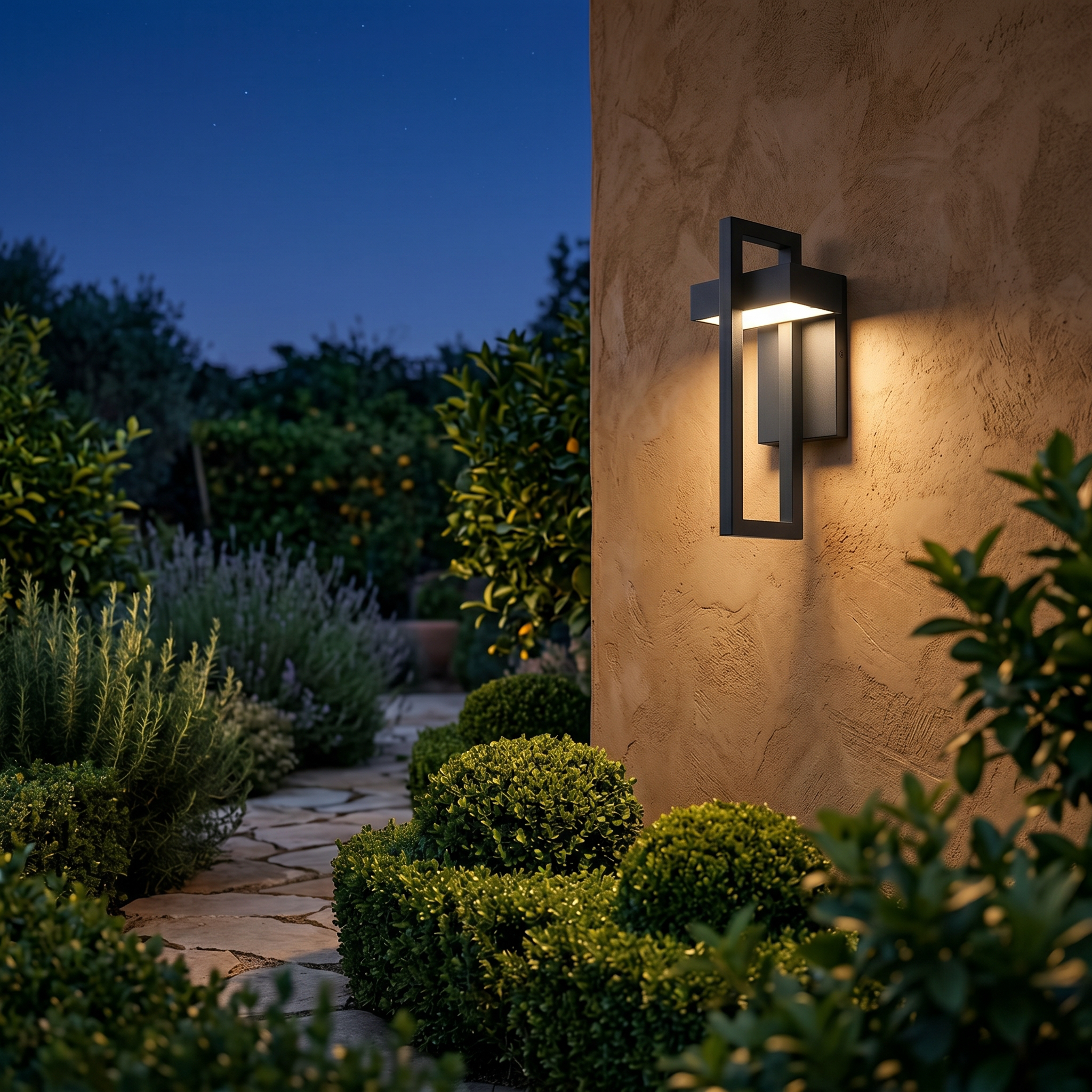 Cornice black outdoor wall light on a Mediterranean garden wall at dusk