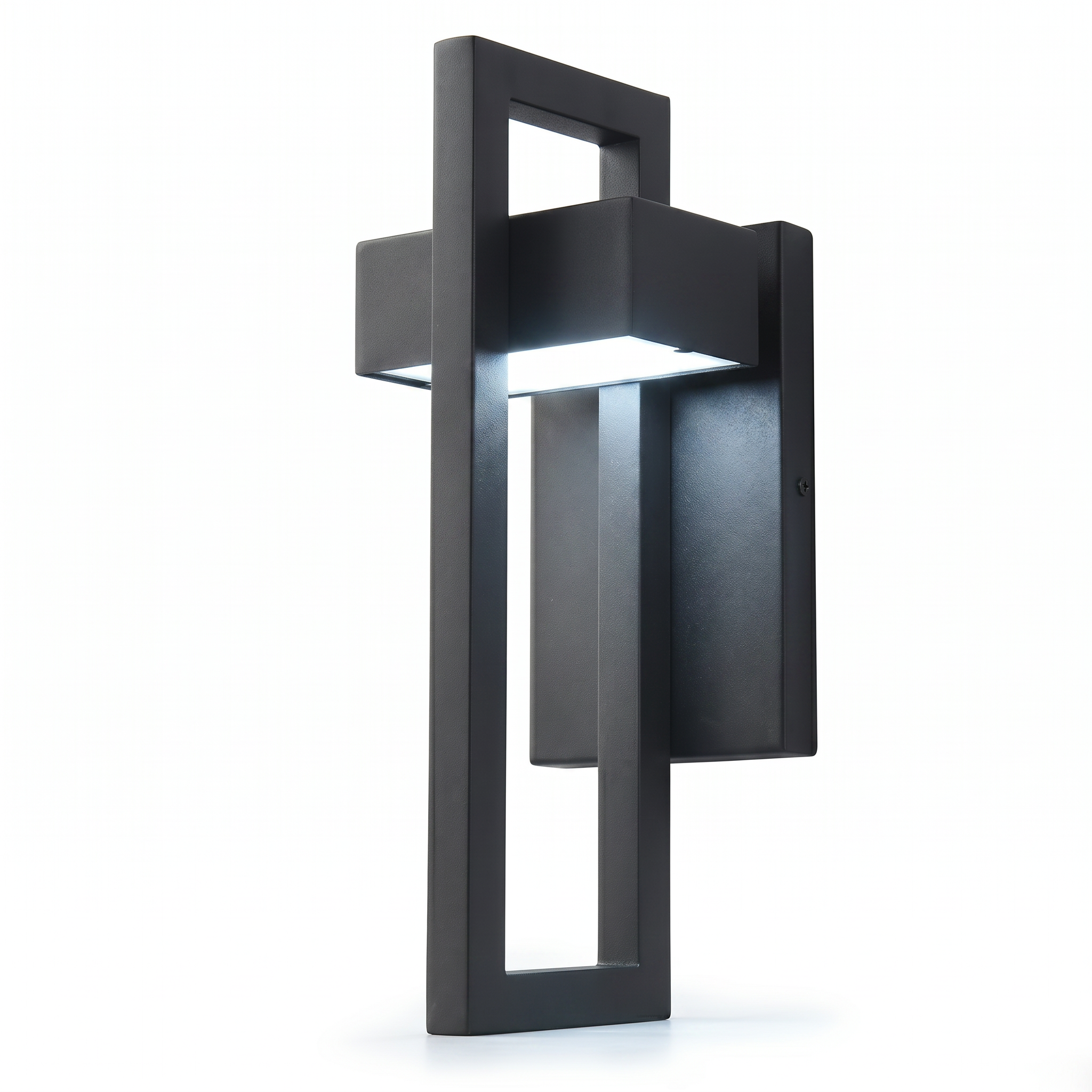 Cornice up-down outdoor wall light in matte black with cool white light, studio hero