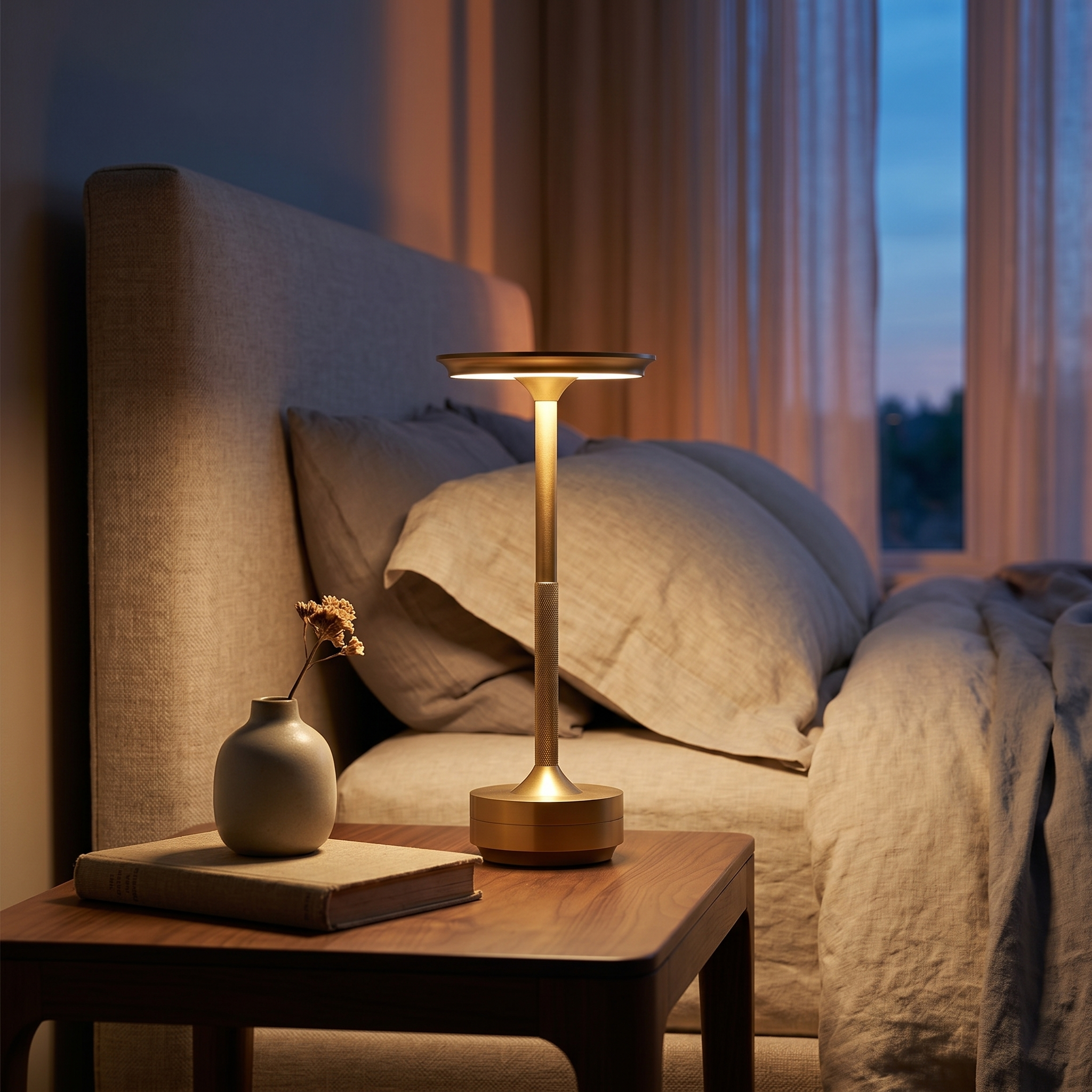Lucciola Gold lamp on a bedside table — lifestyle