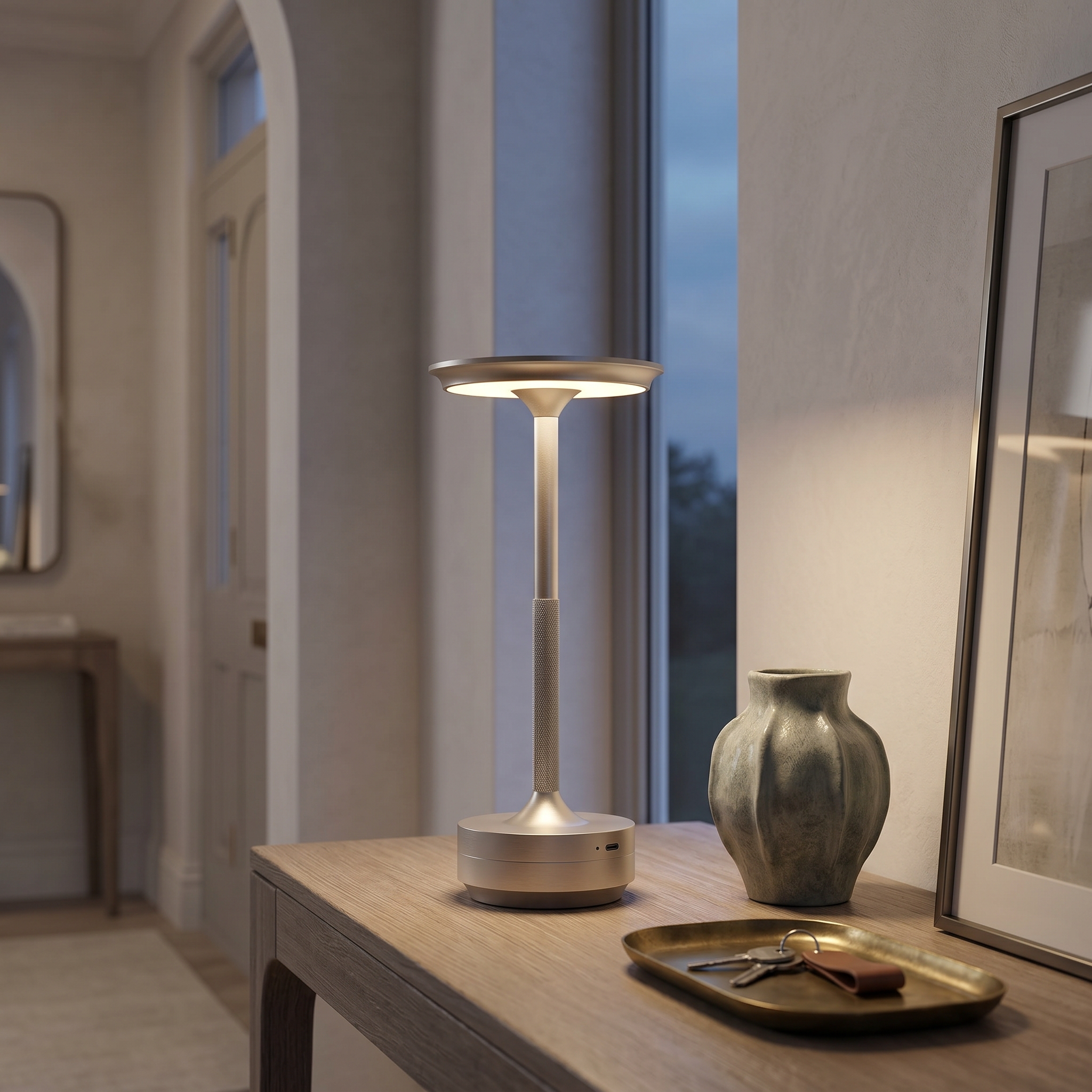 Lucciola Silver lamp on an entryway console — lifestyle