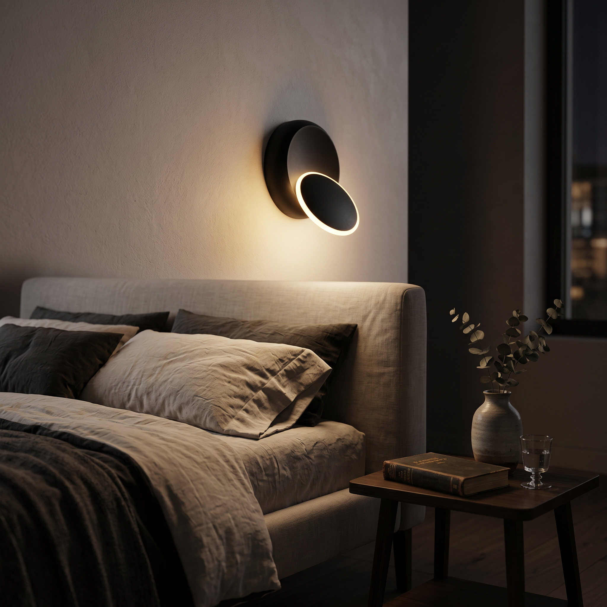 Luna Piena Black sconce in a cozy bedroom — lifestyle
