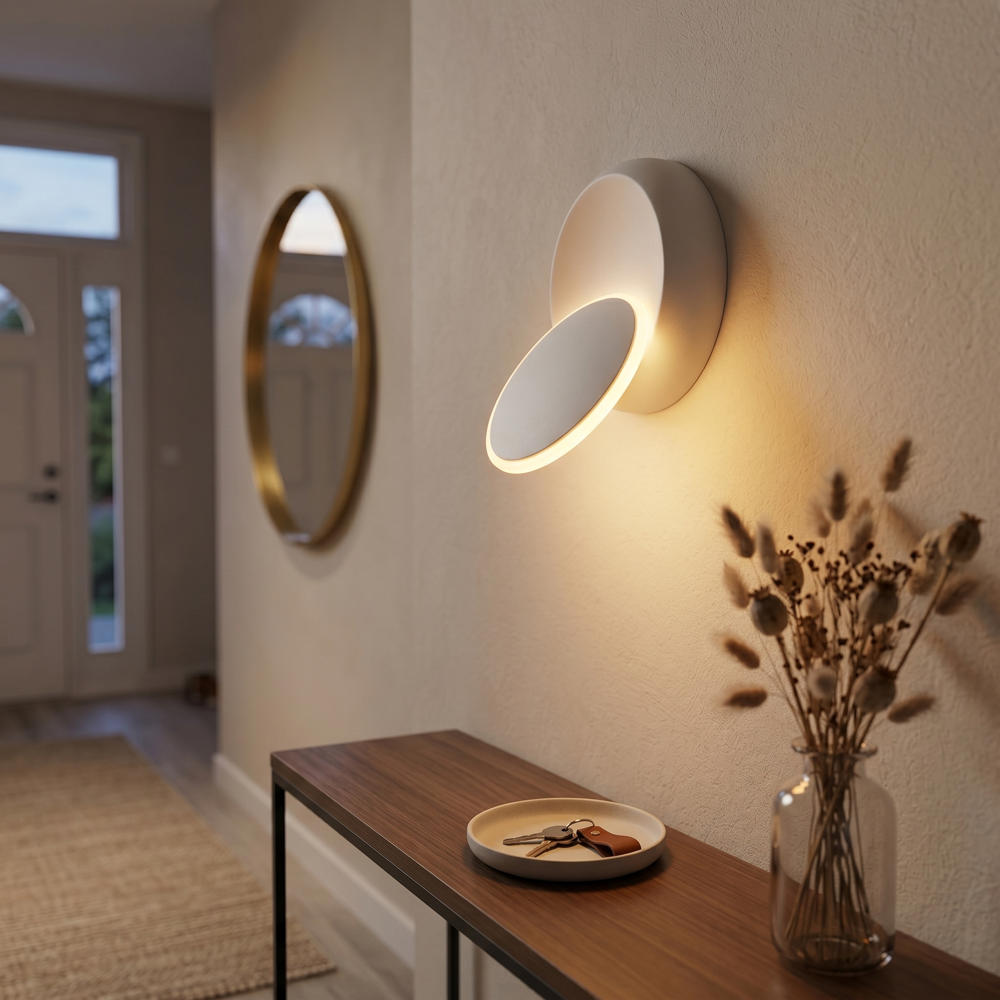 Luna Piena White sconce (warm) in an entry hallway — lifestyle