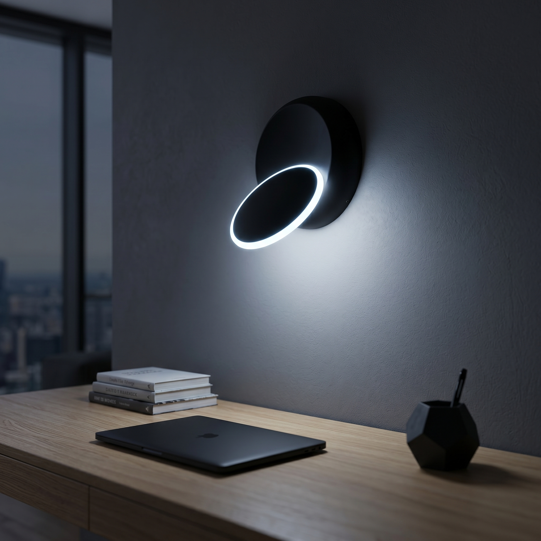 Luna Piena Black sconce (cool) in a home office — lifestyle