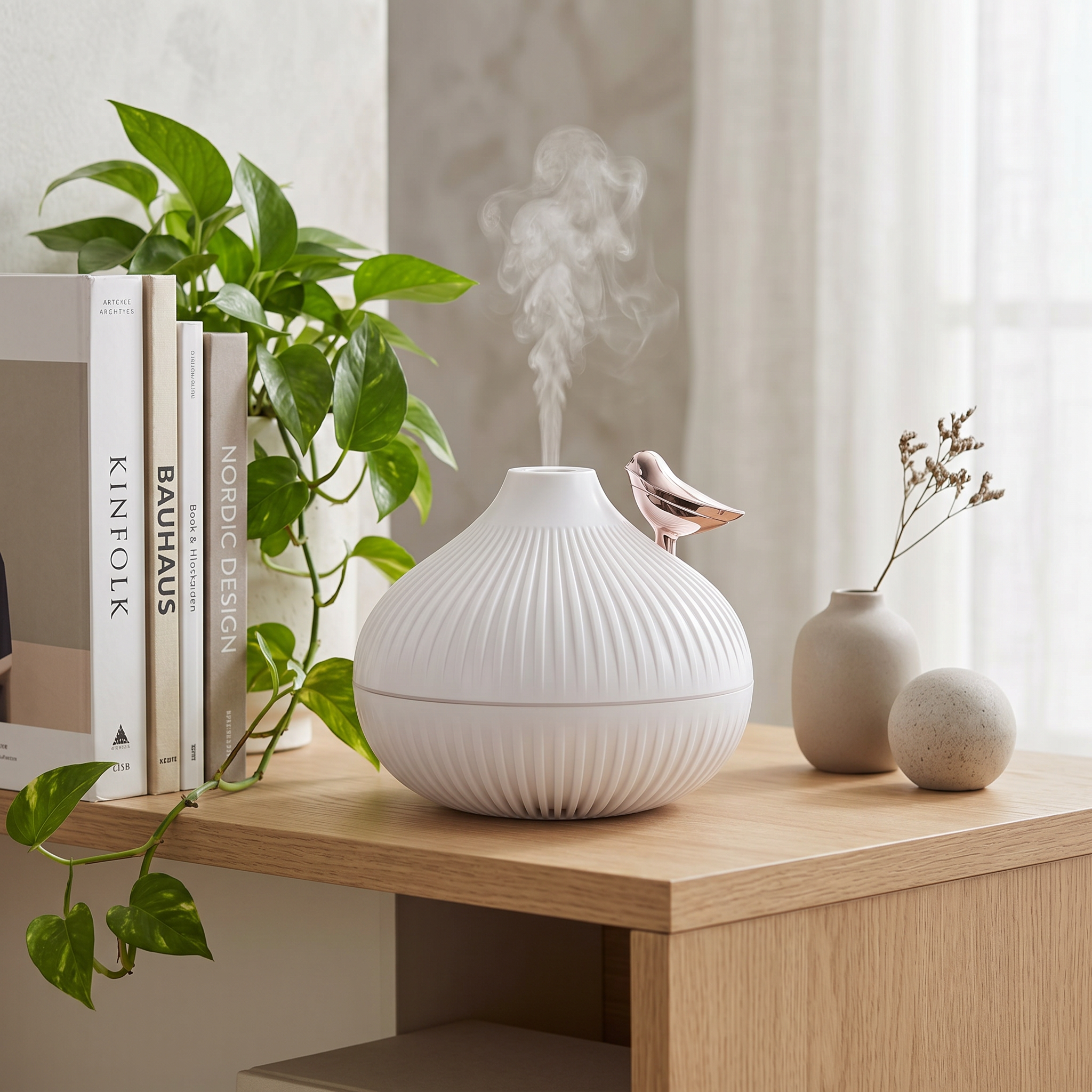 Nuvola humidifier on a living-room shelf — lifestyle