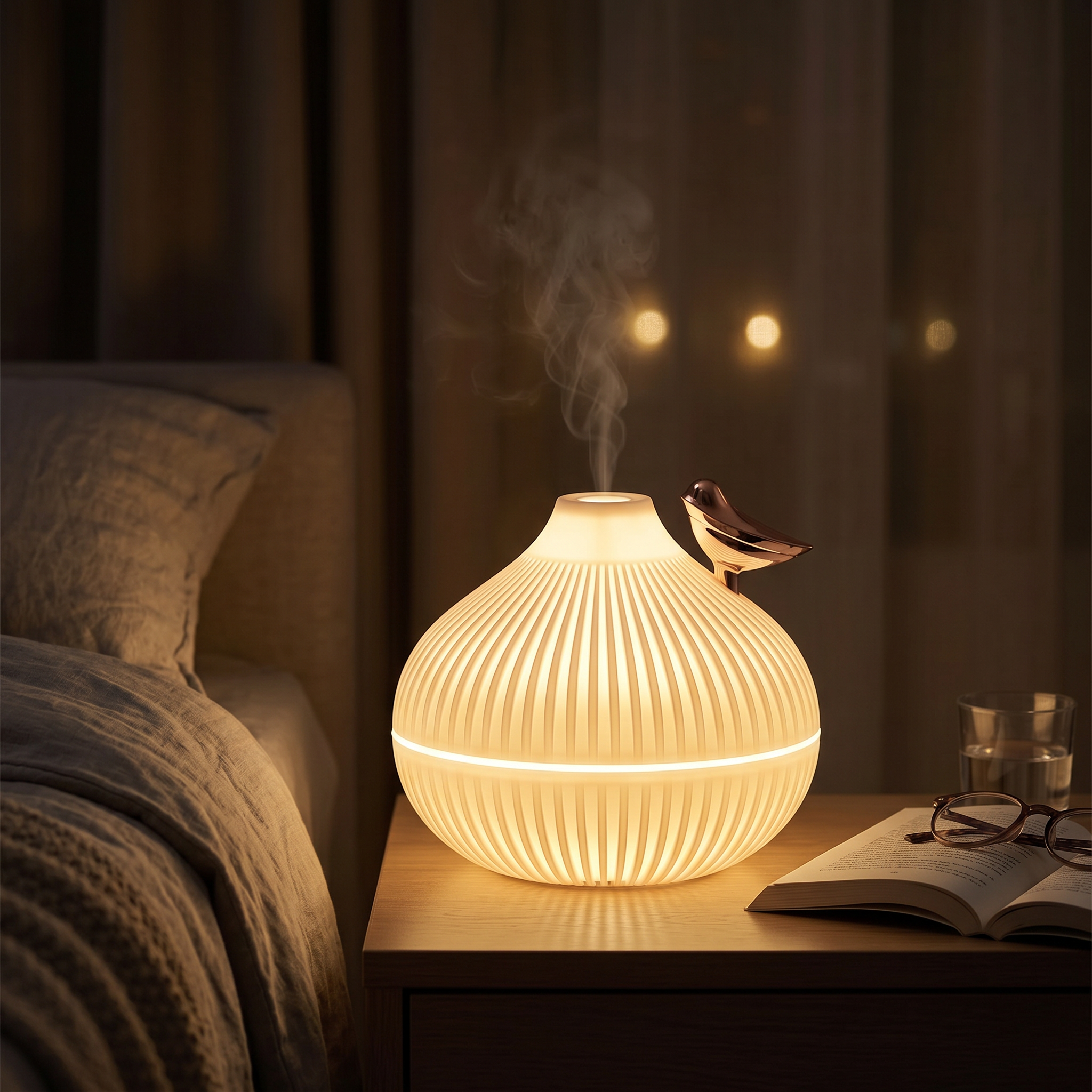 Nuvola humidifier glowing warm from within on a nightstand at night — lifestyle