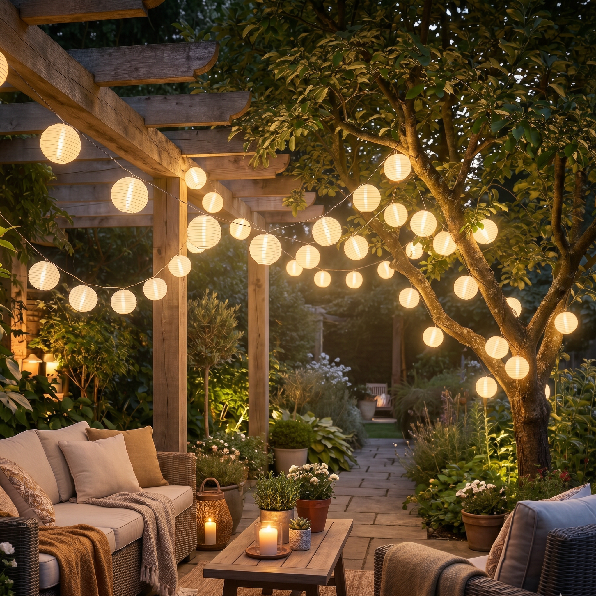 Serenata White lanterns over a pergola patio — lifestyle