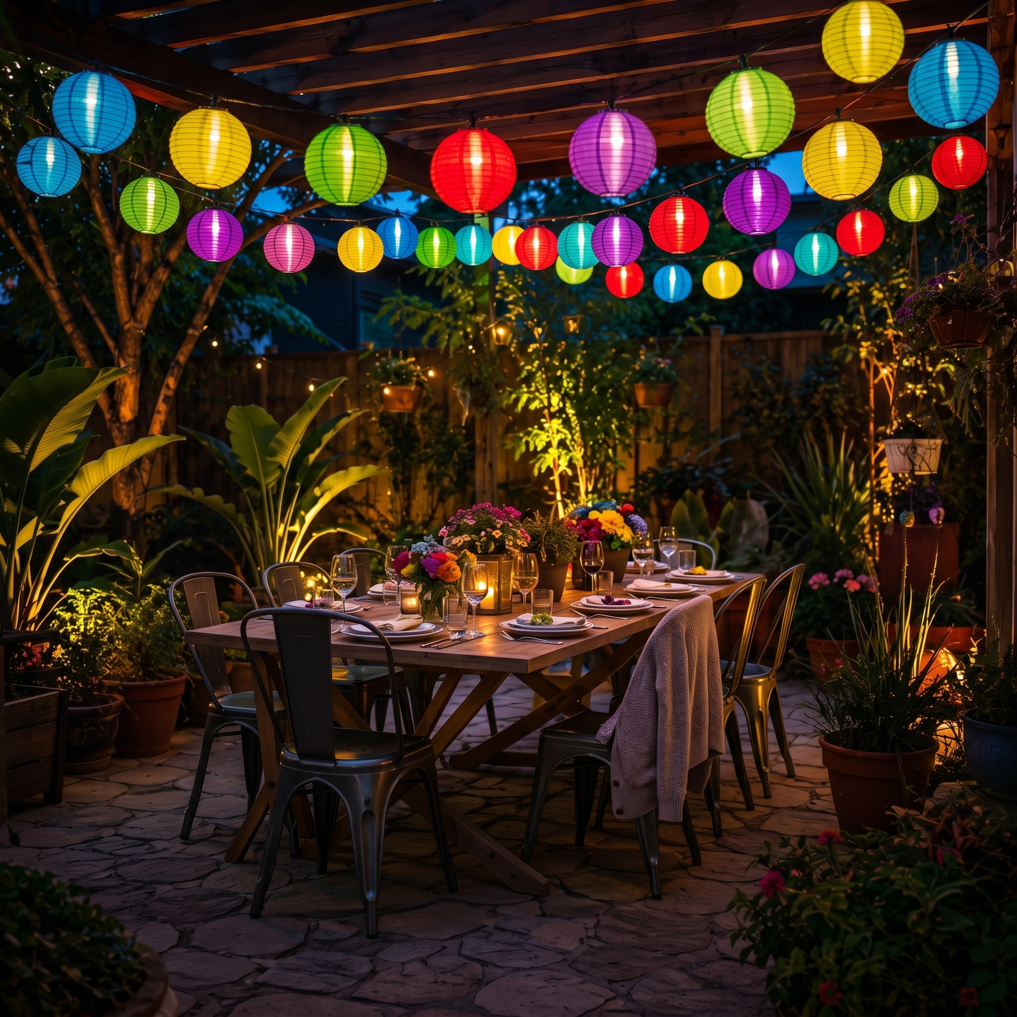 Serenata Colorful lanterns over a garden party table — lifestyle