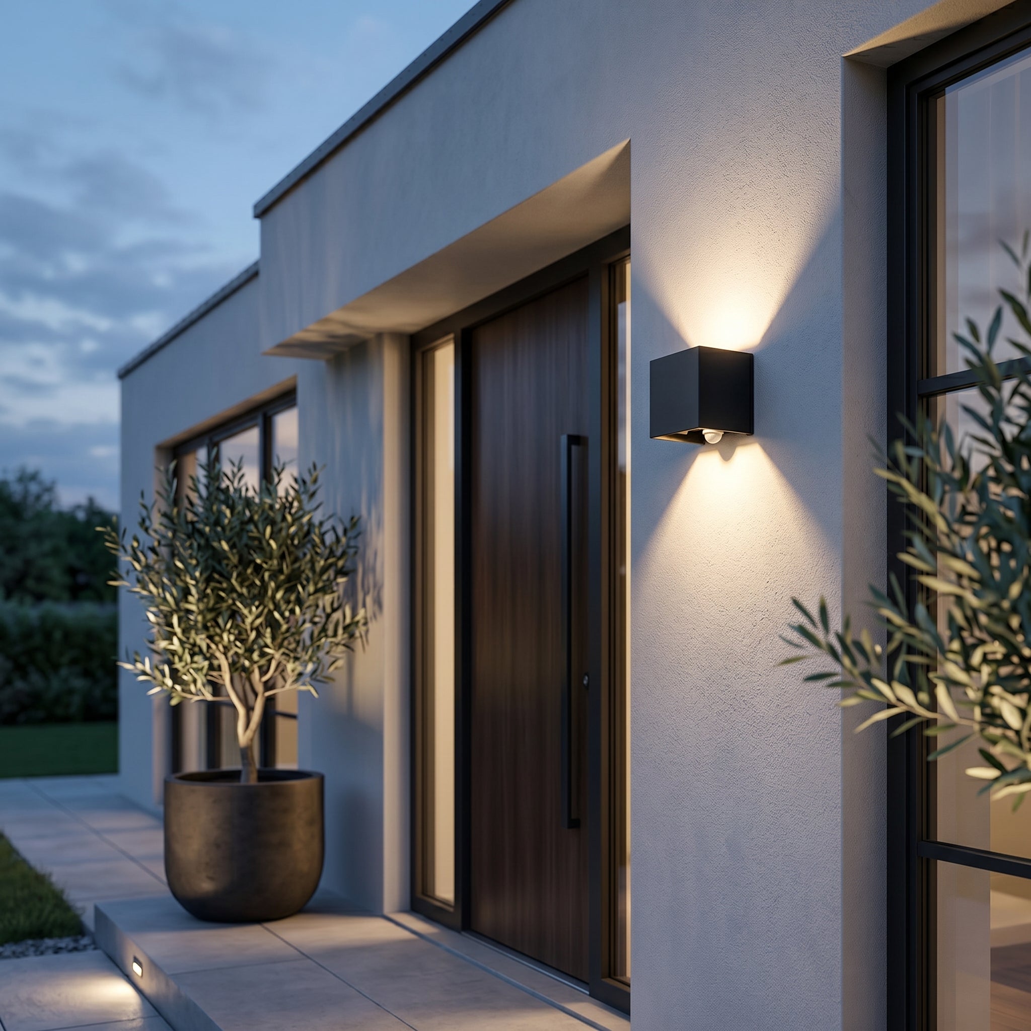 Quadra cube wall light (warm) at a home entrance — lifestyle