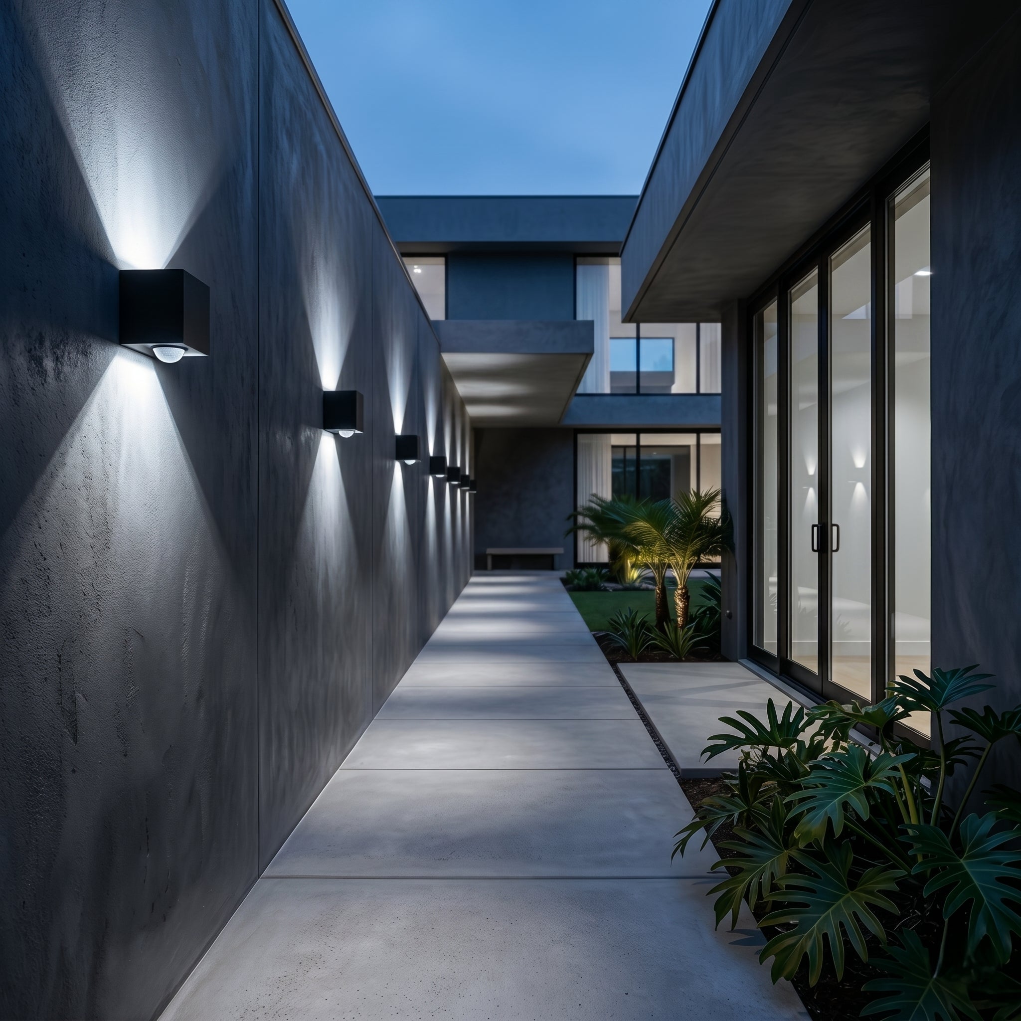 Quadra cube wall lights (cool) along a corridor — lifestyle