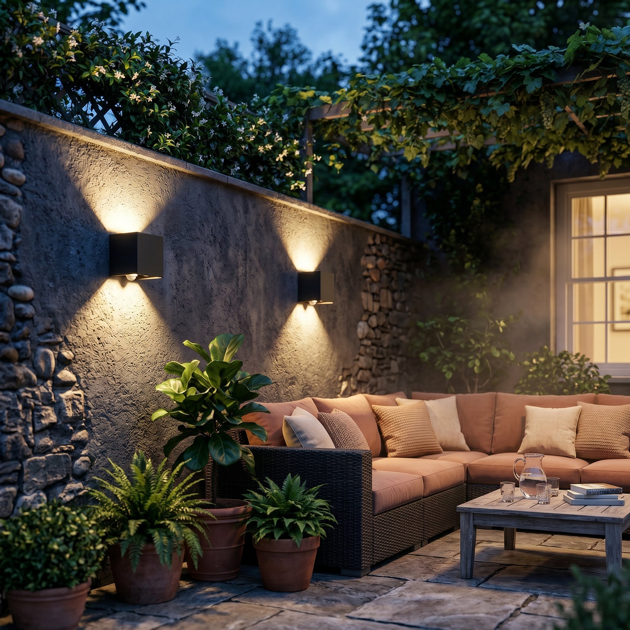 Quadra cube wall lights (warm) on a garden patio wall — lifestyle