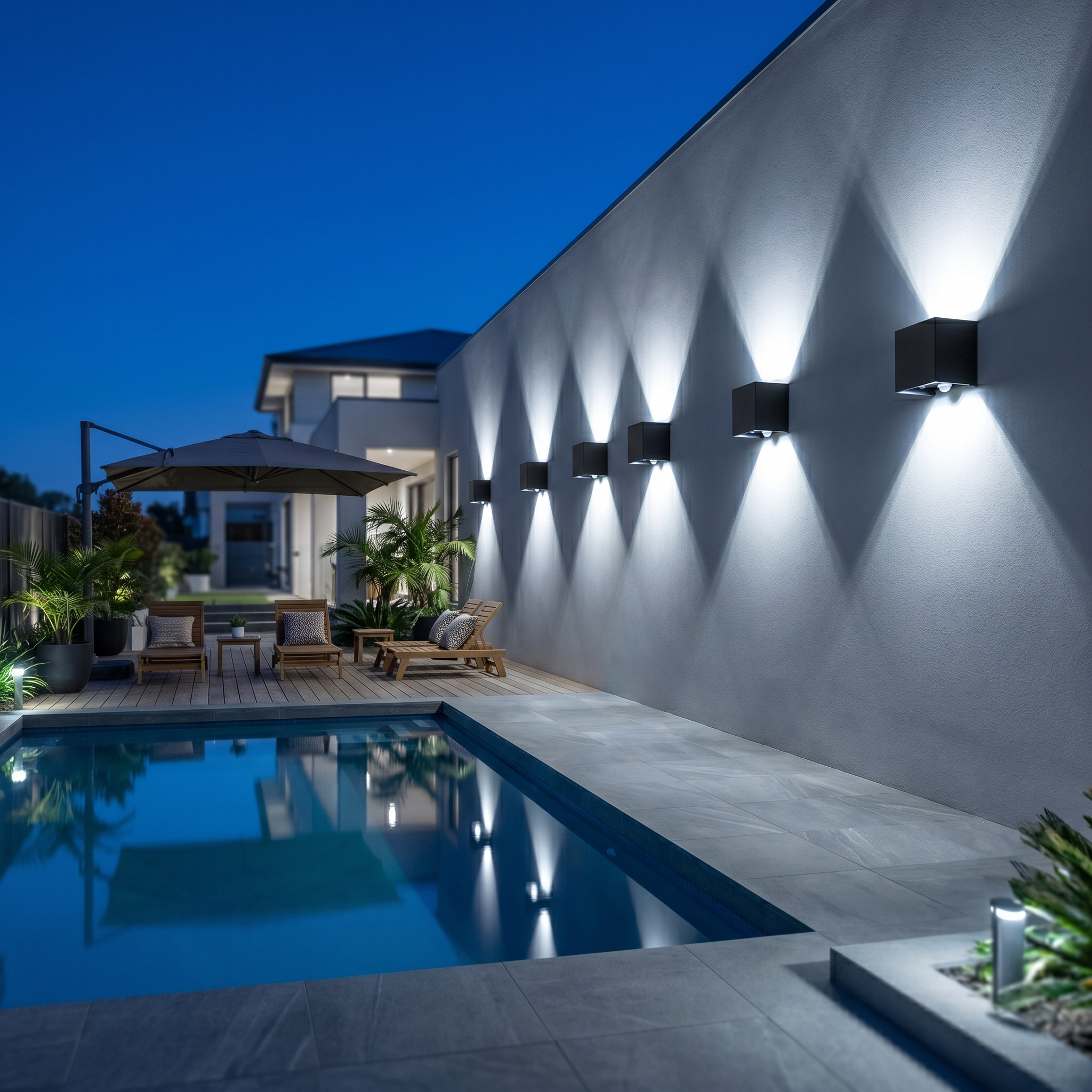Quadra cube wall lights (cool) along a poolside wall — lifestyle