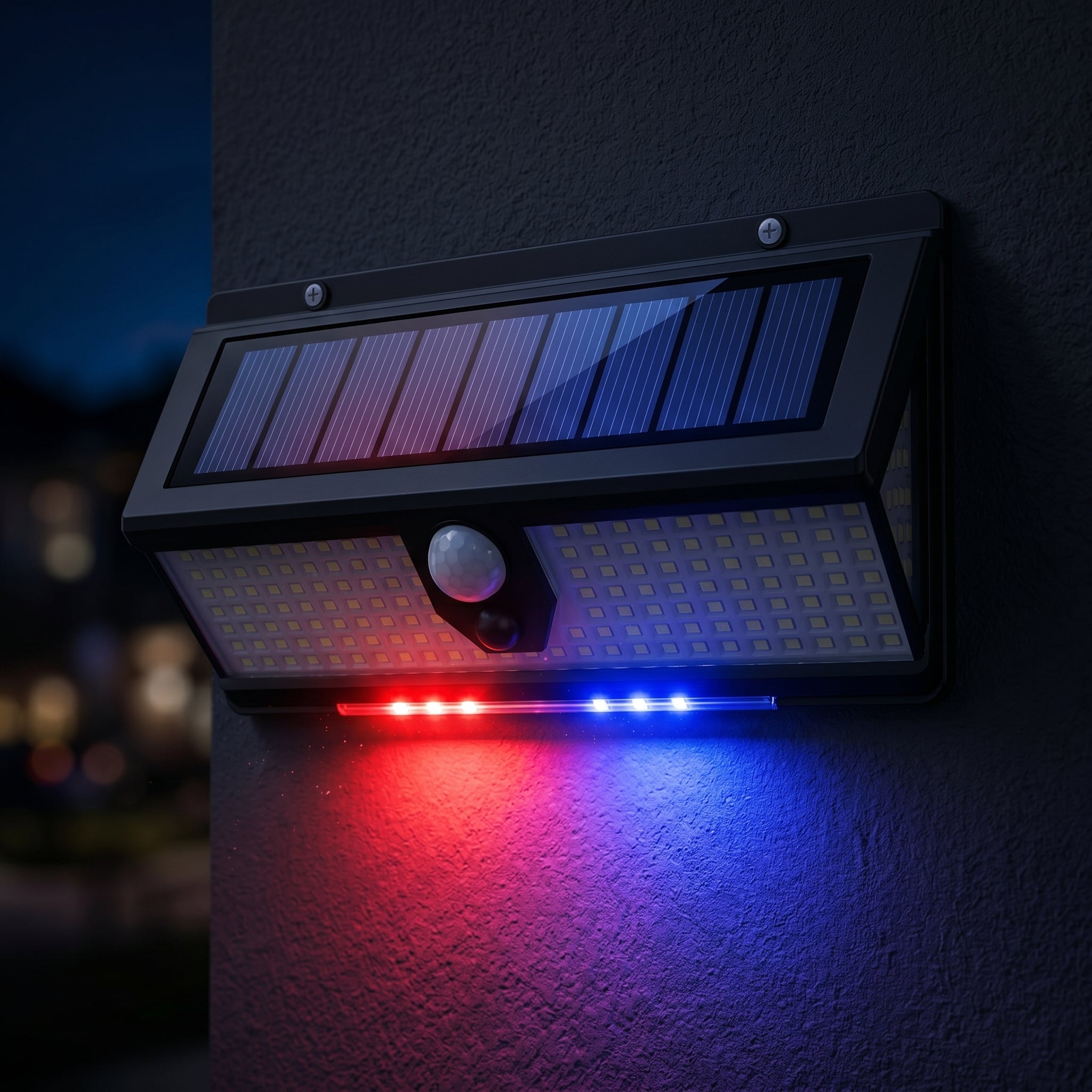 Vigilia security light in red/blue alert flash mode — lifestyle