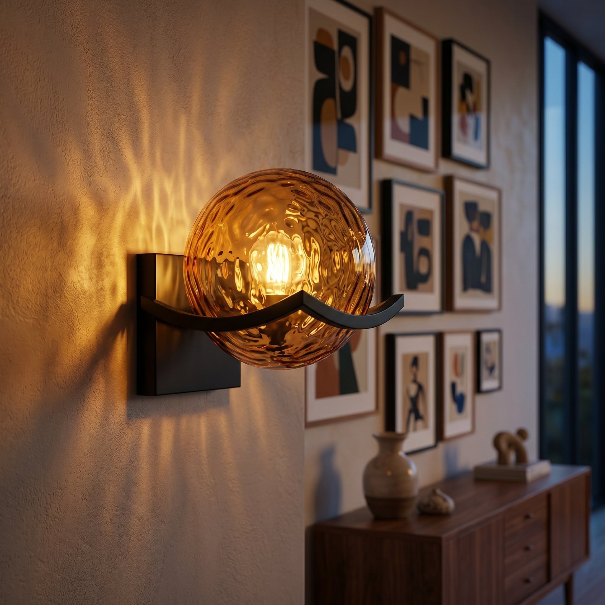 Sirio Amber Wave sconce by a gallery wall — lifestyle