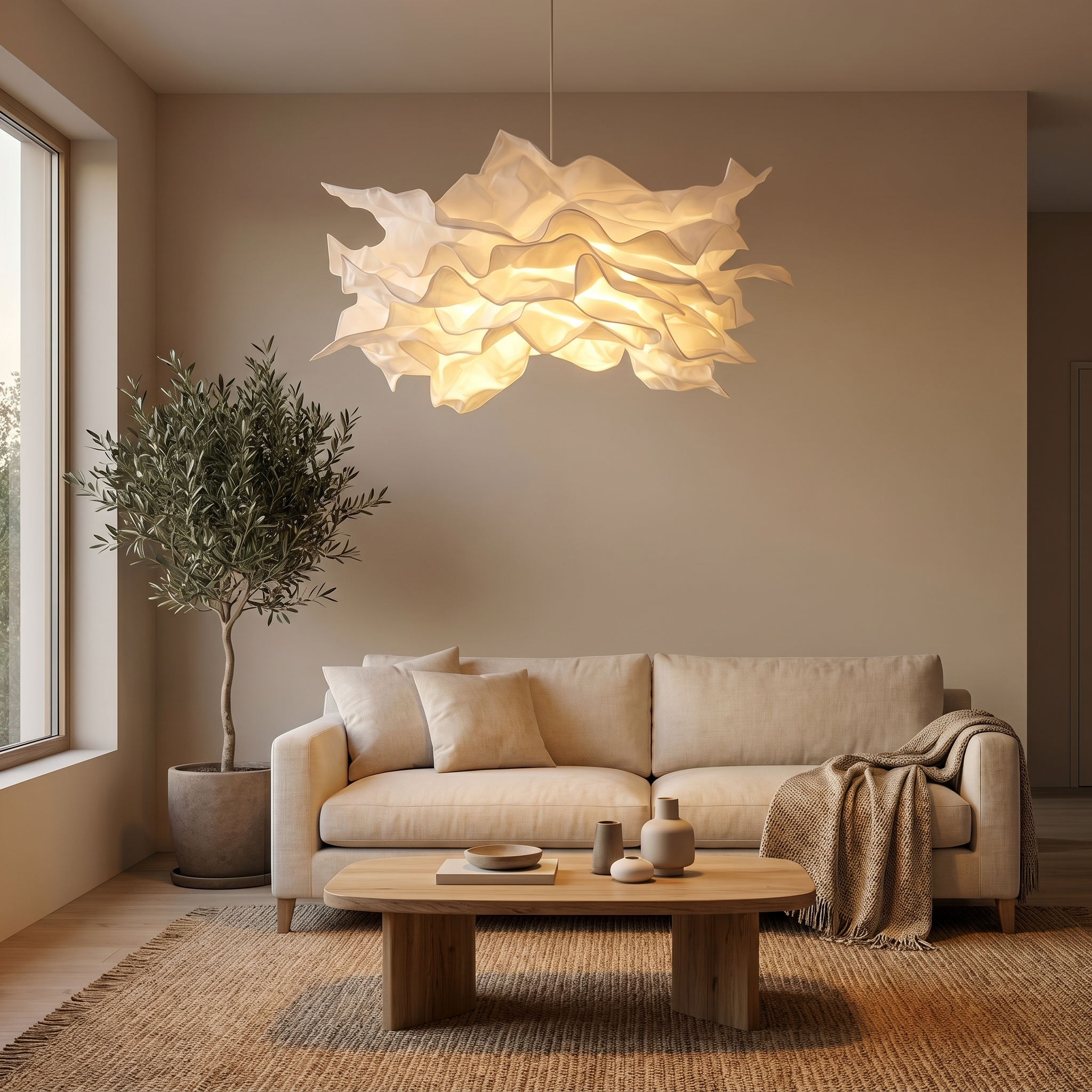 Origami paper pendant light glowing warm above a cream linen sofa in a modern living room