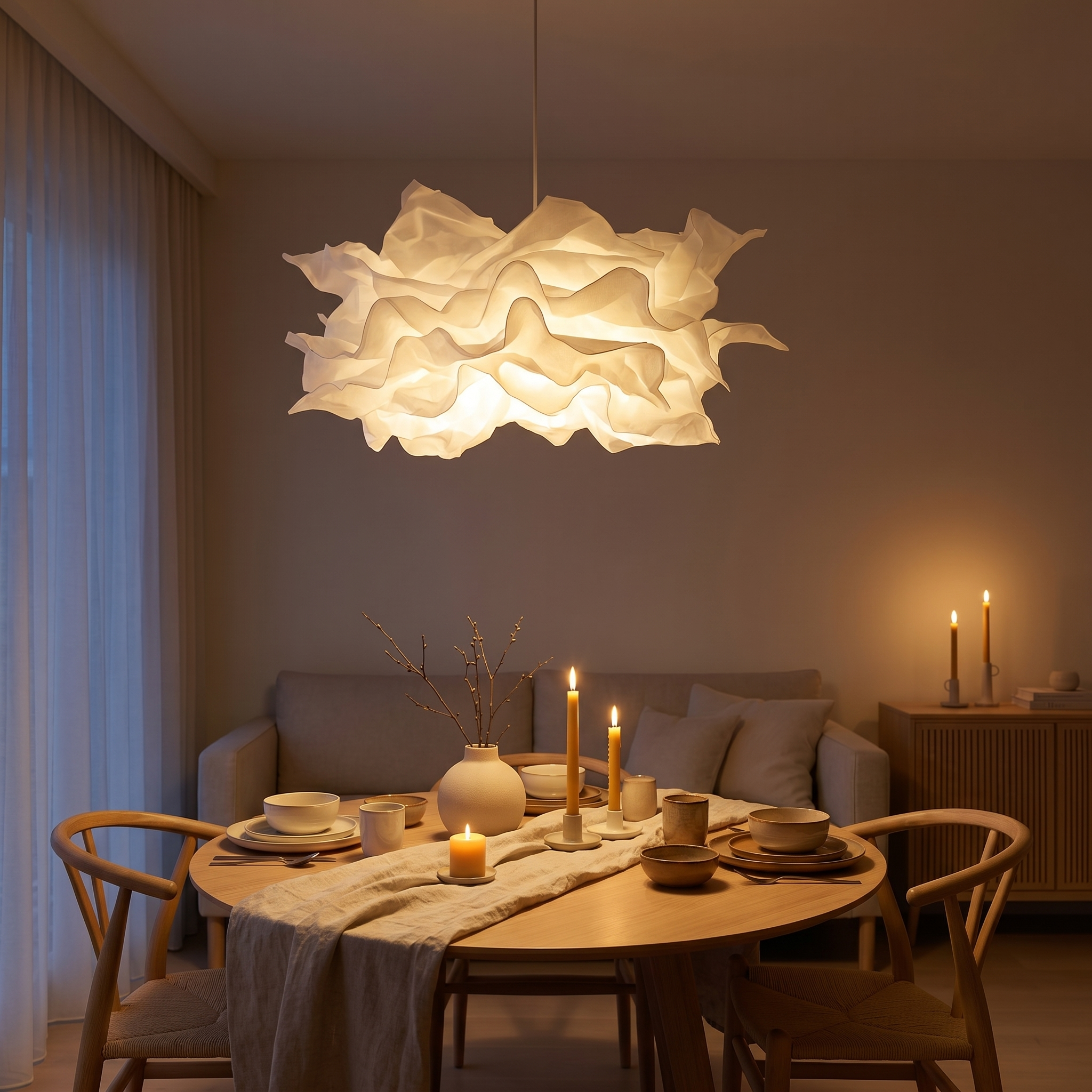 Origami paper pendant light glowing over an elegantly set dining table