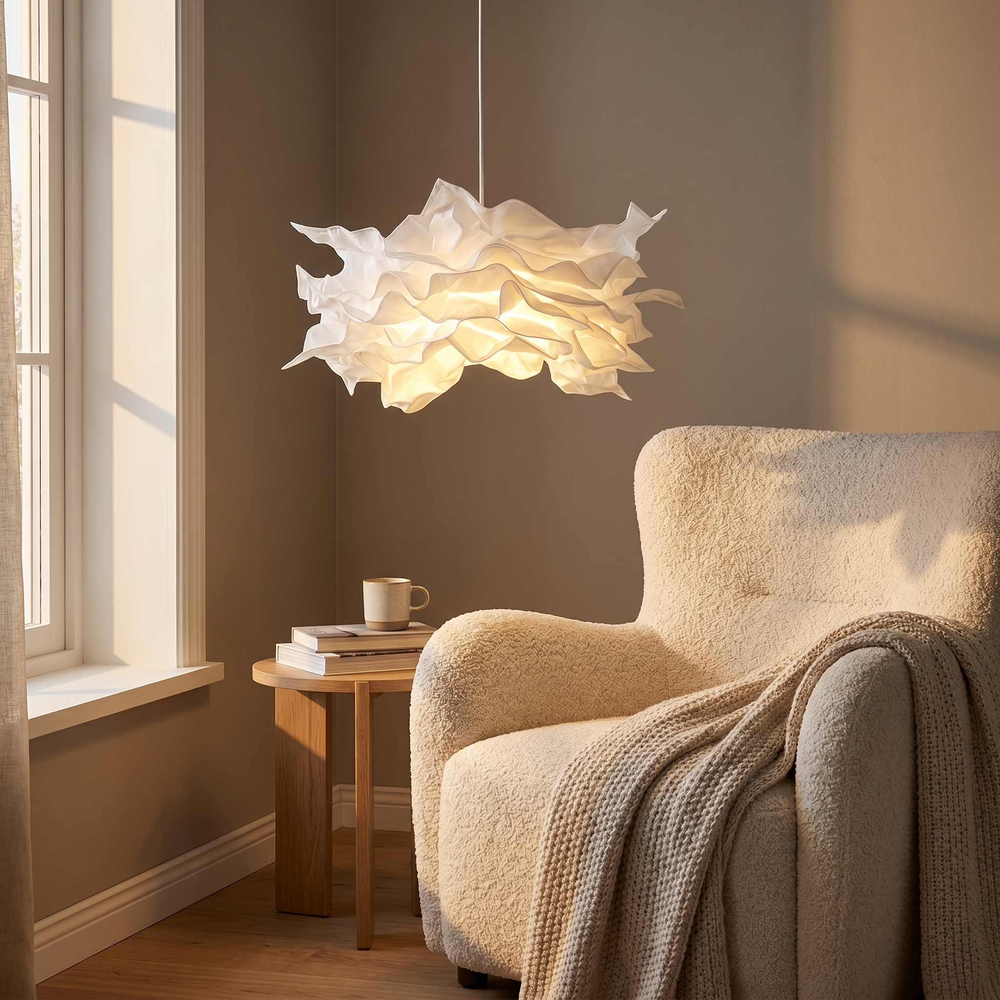 Paper pendant light glowing warm in a cozy reading nook by a window