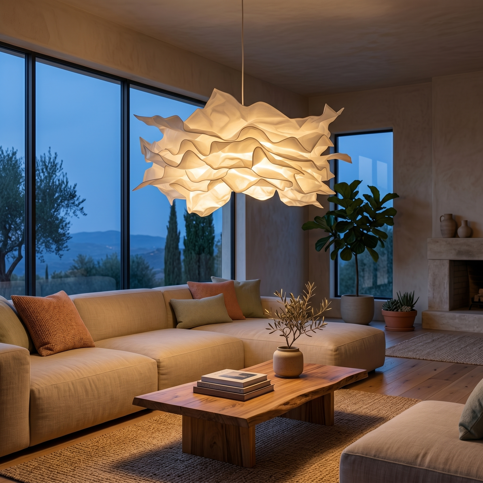Paper flower pendant light glowing in an open Mediterranean-modern living space at dusk