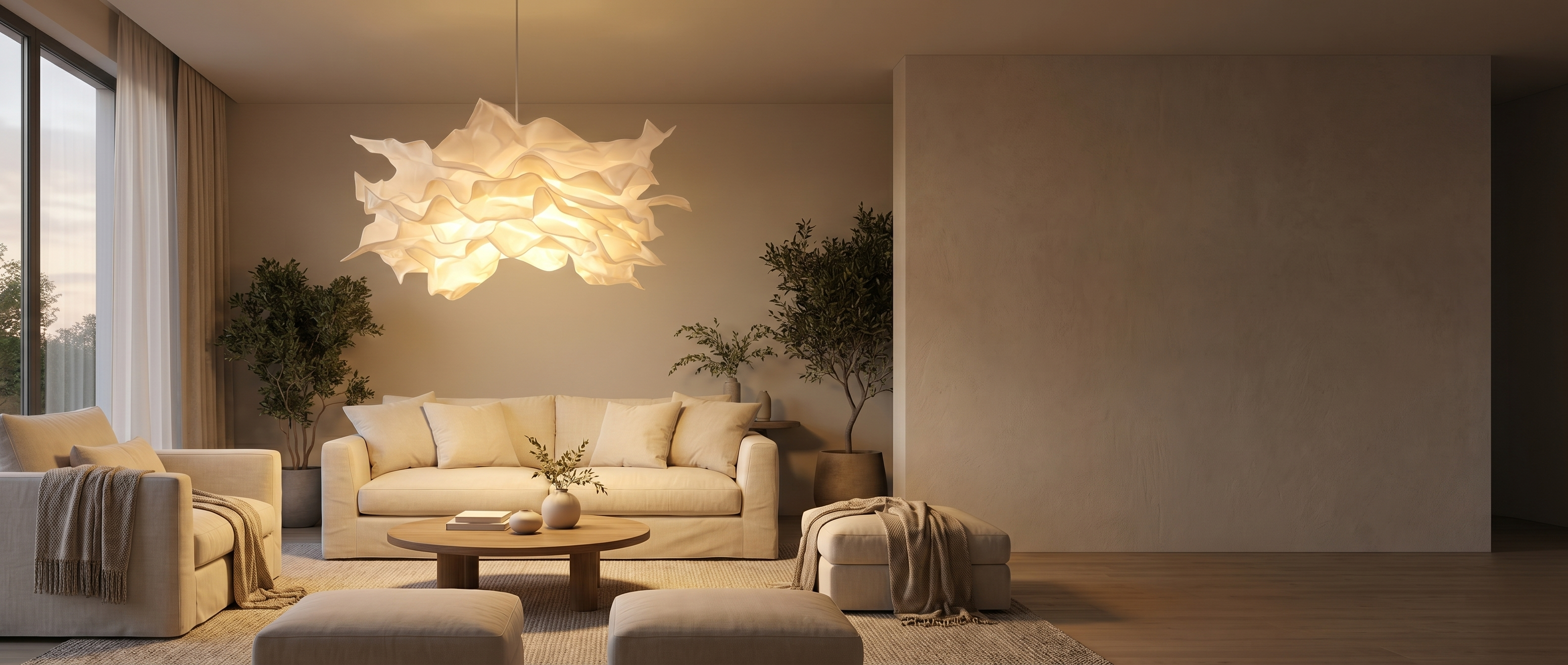 Fiore di Carta origami paper pendant light glowing in a modern living room at dusk, widescreen banner