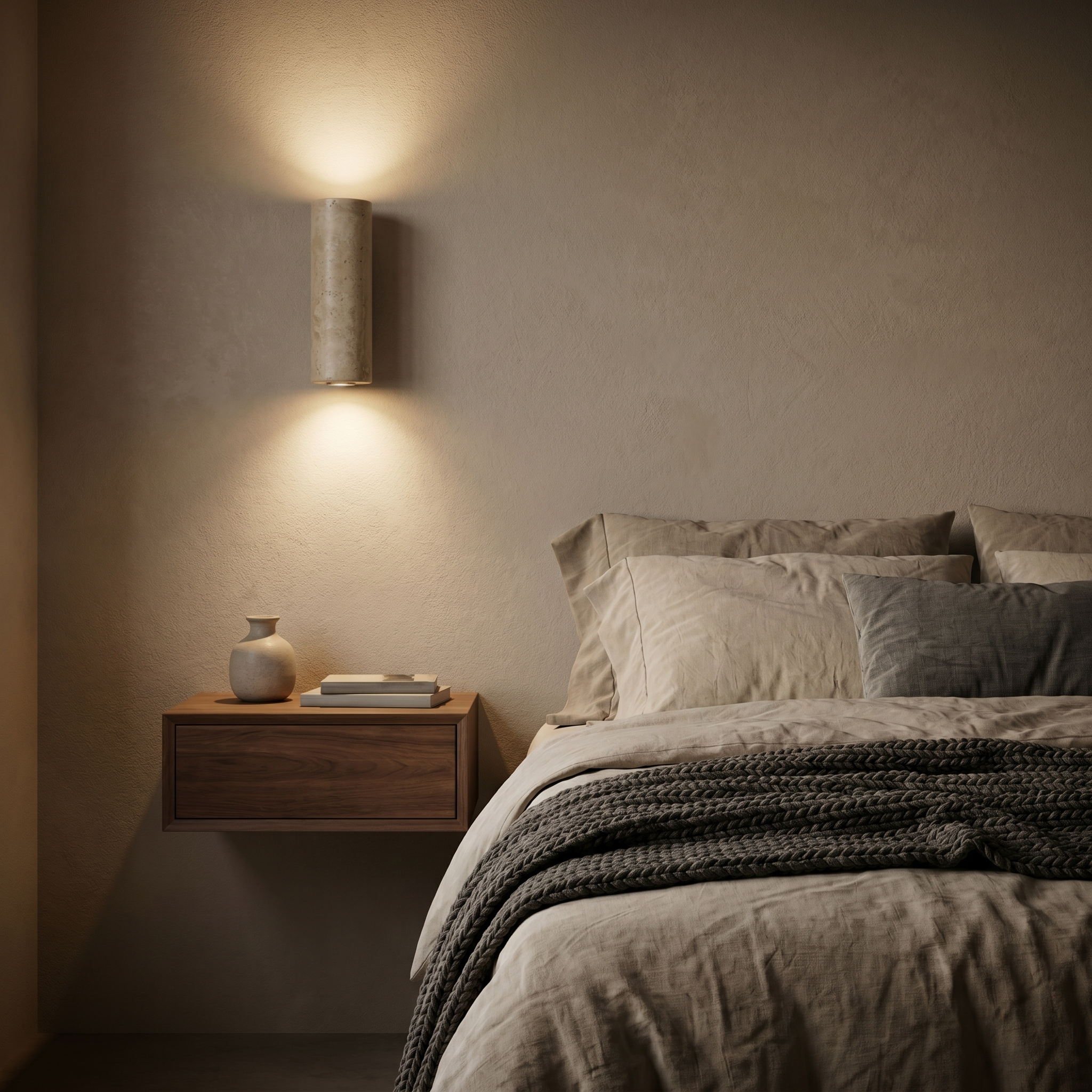 Travertine wall sconce washing warm light up and down above a bedside table