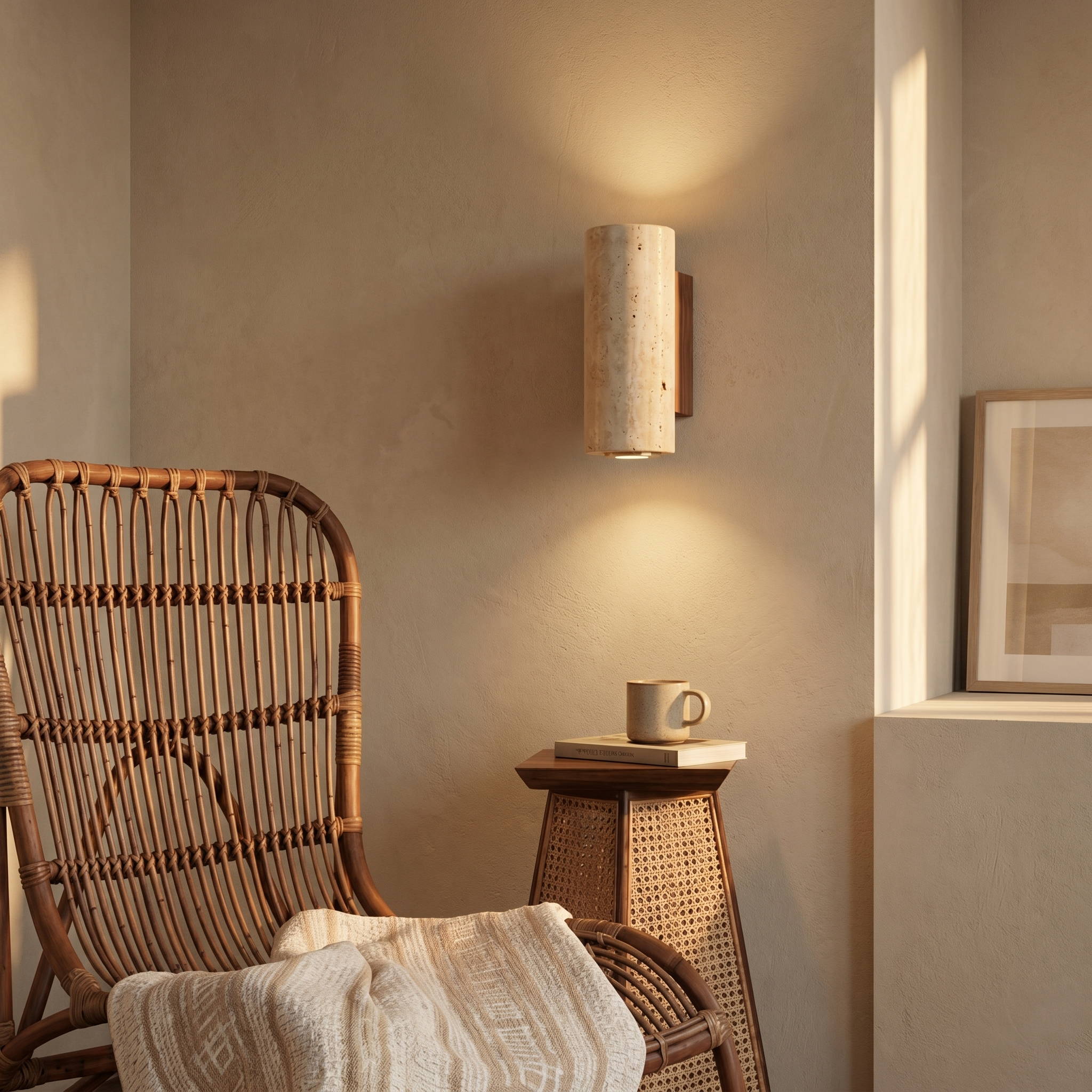 Travertine wall sconce glowing warm in a cozy reading corner with a rattan chair