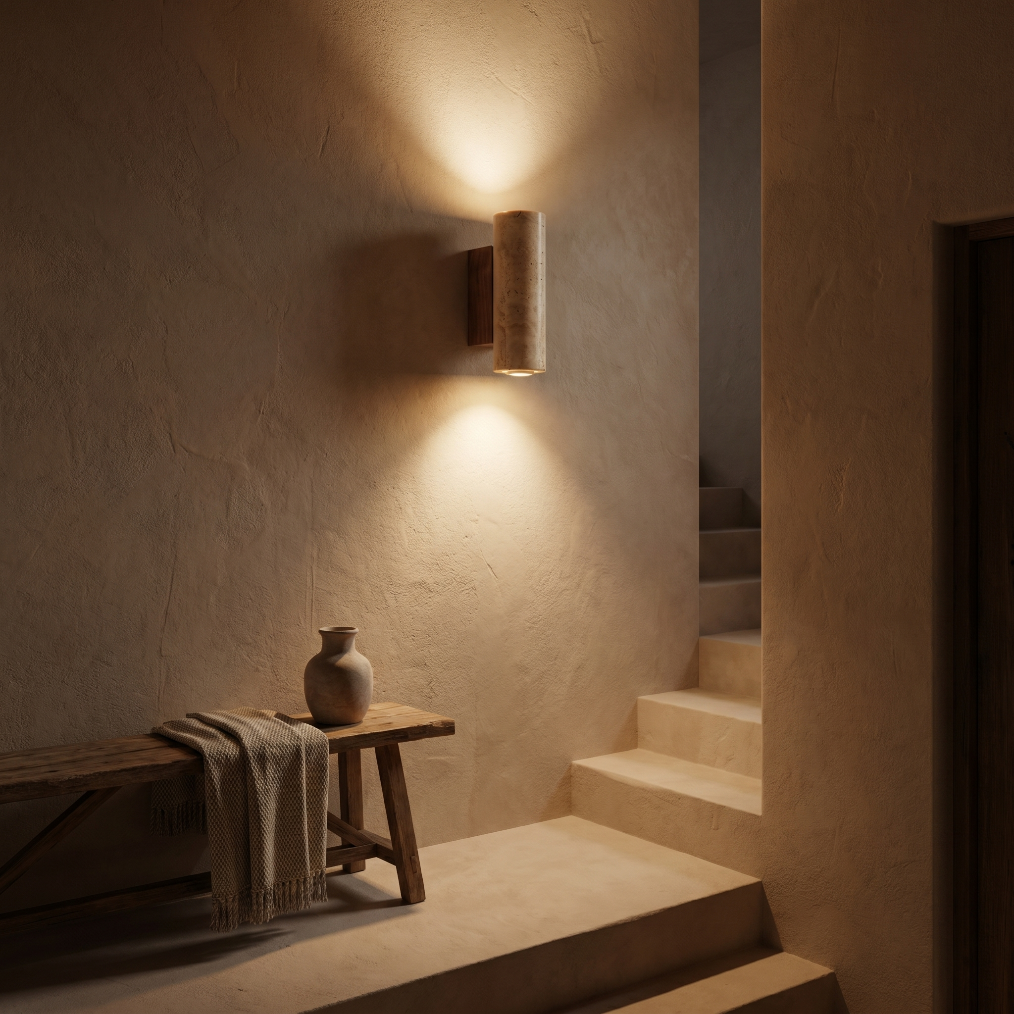 Travertine wall sconce glowing warm on a plaster wall of a staircase landing