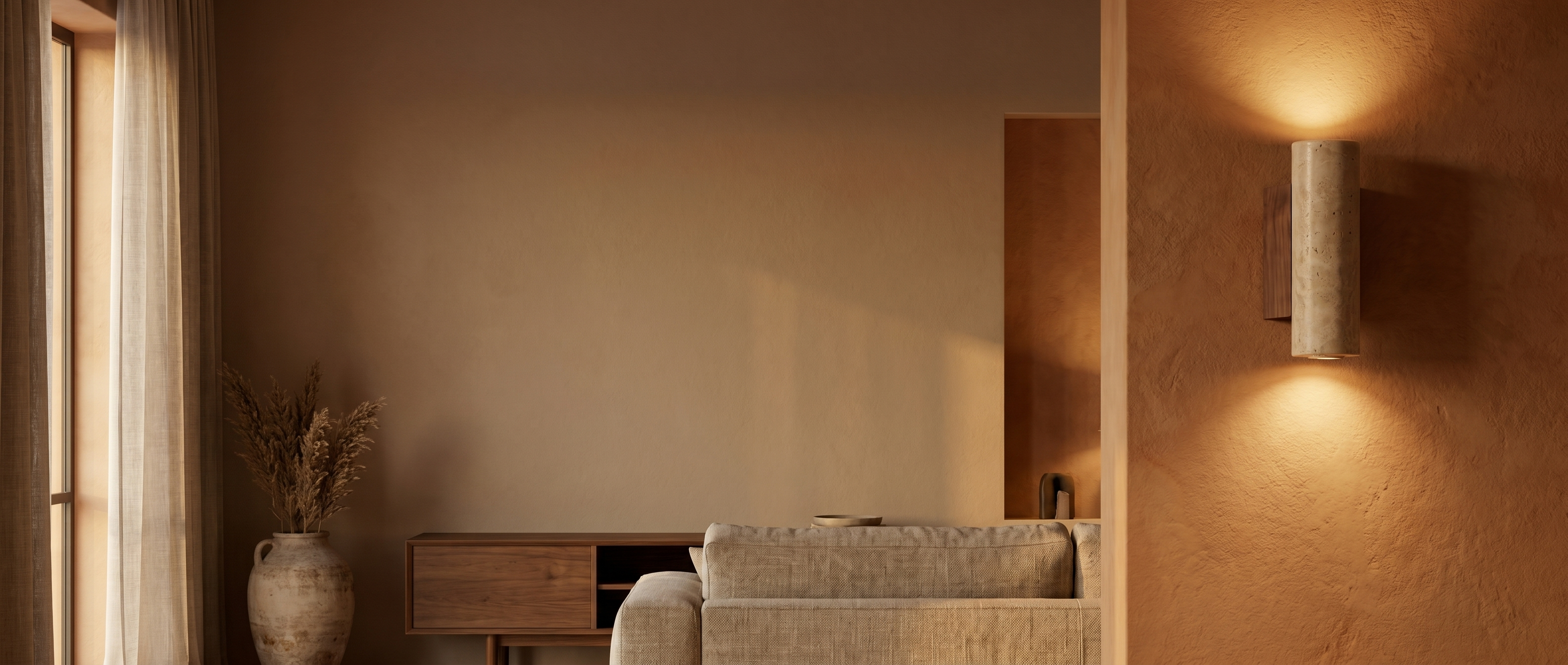 Luce di Pietra travertine wall sconce glowing warm on a plaster wall, widescreen banner