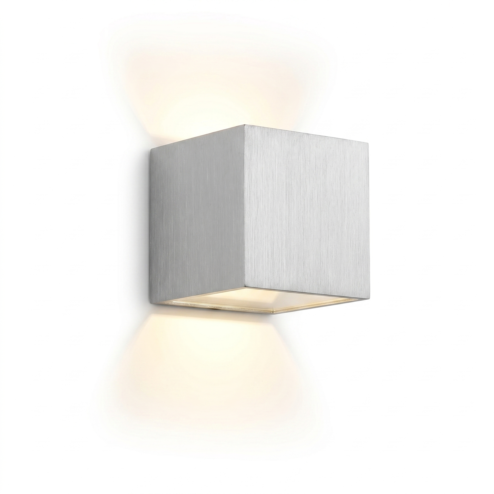 Cubo Luminoso silver cube up-down wall light with warm glow on a white background