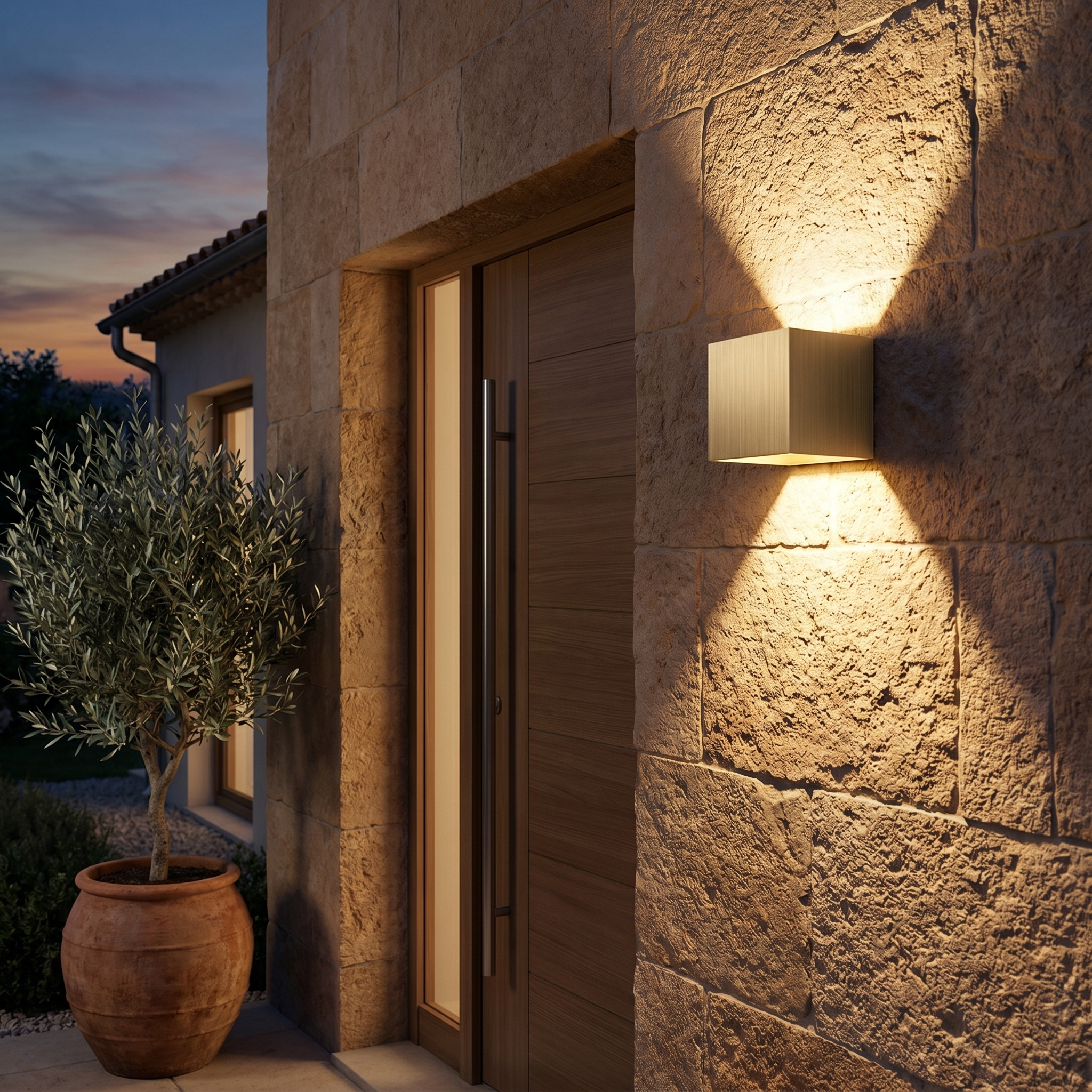 Gold cube wall light casting warm up and down light on a stone entryway facade at dusk