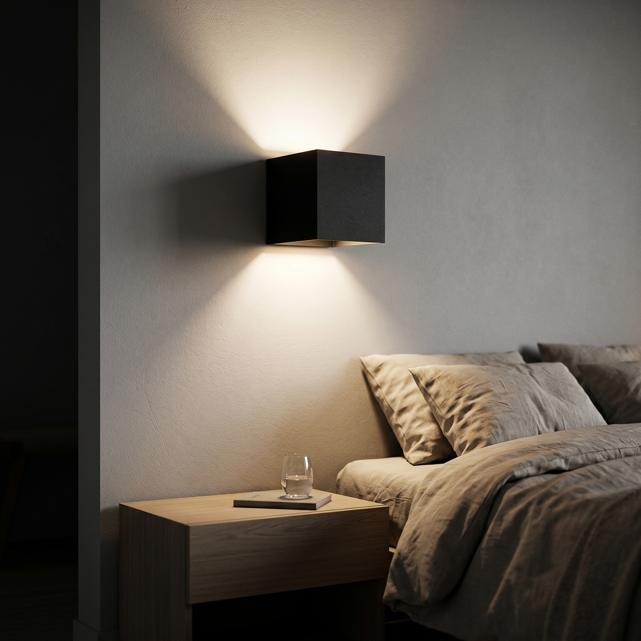 Black cube wall light casting warm up and down light above a bedside table