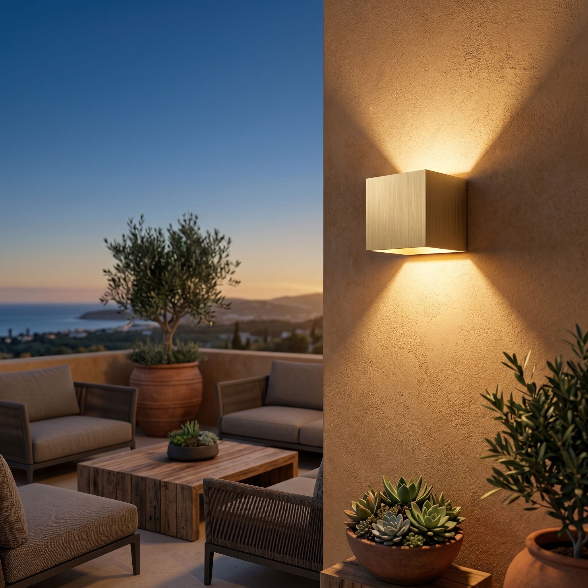 Gold cube wall light on an outdoor terrace wall at dusk with sea view