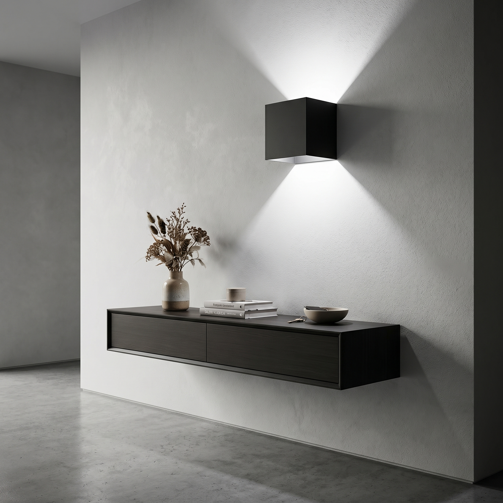 Black cube wall light with cool white up and down light in a modern entryway, tricolor mode