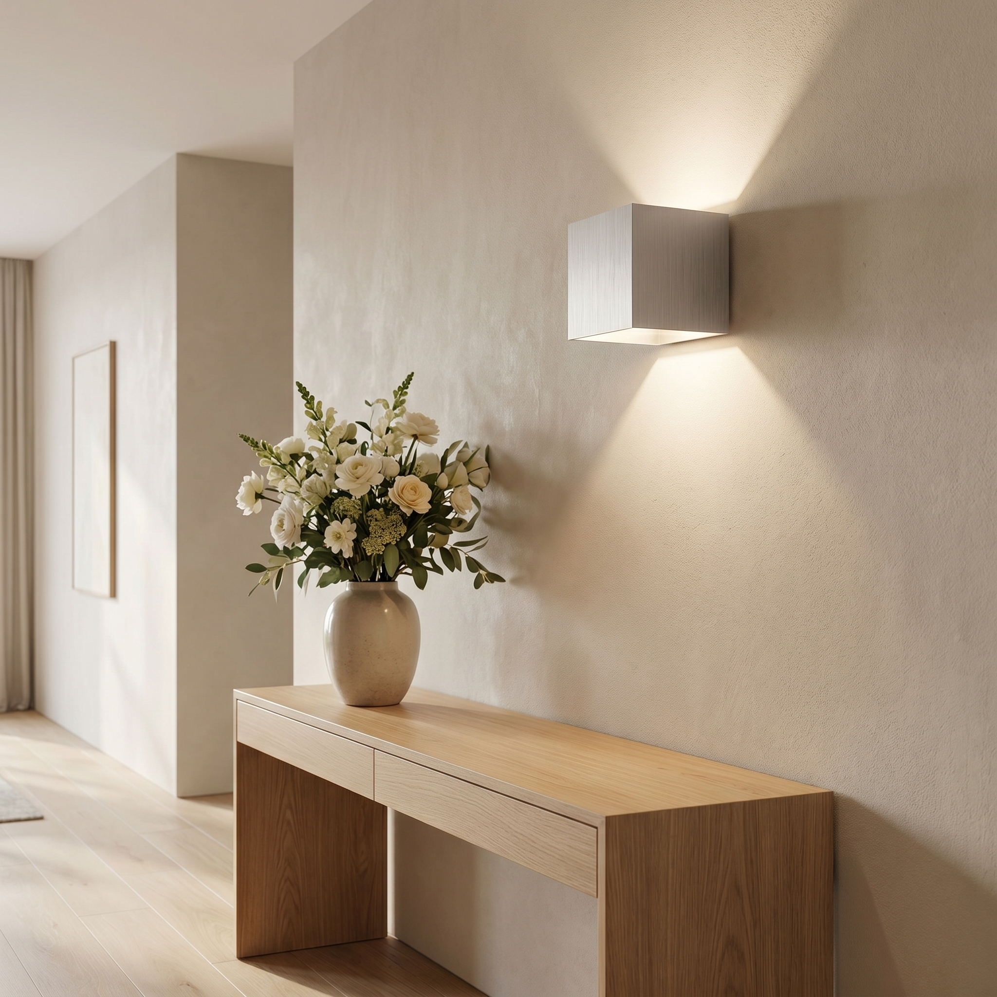 Silver cube wall light casting warm up and down light on a hallway wall
