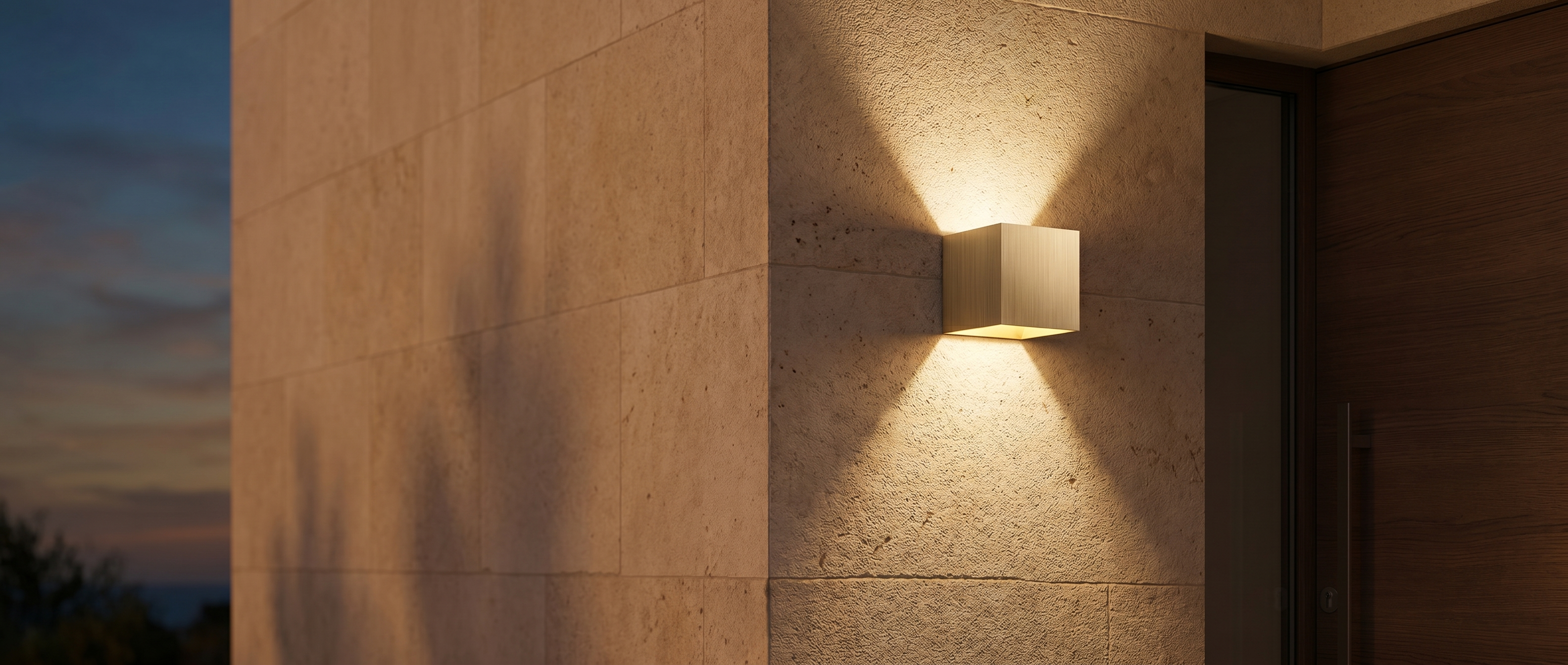 Cubo Luminoso gold cube up-down wall light on a stone facade at dusk, widescreen banner