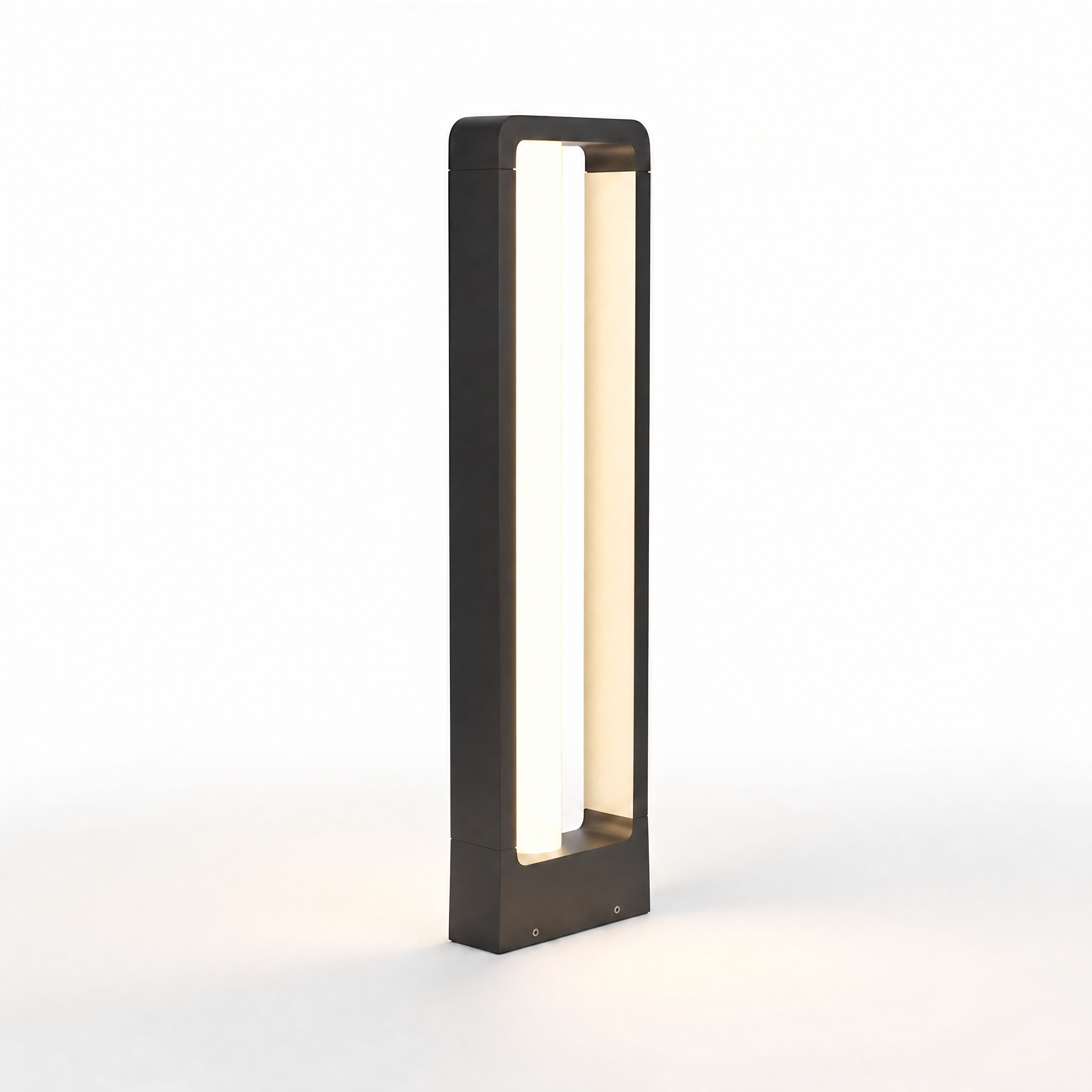 Sentiero Lucente black pathway bollard light with warm white glow on a white background
