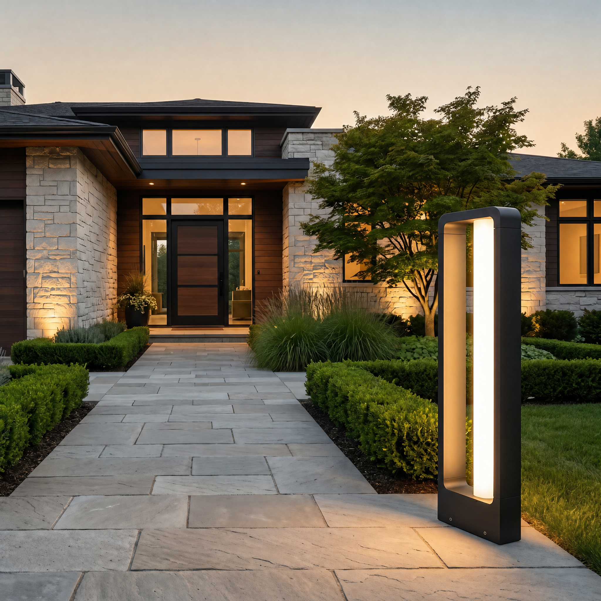 Black bollard path light glowing warm beside a modern stone home entrance